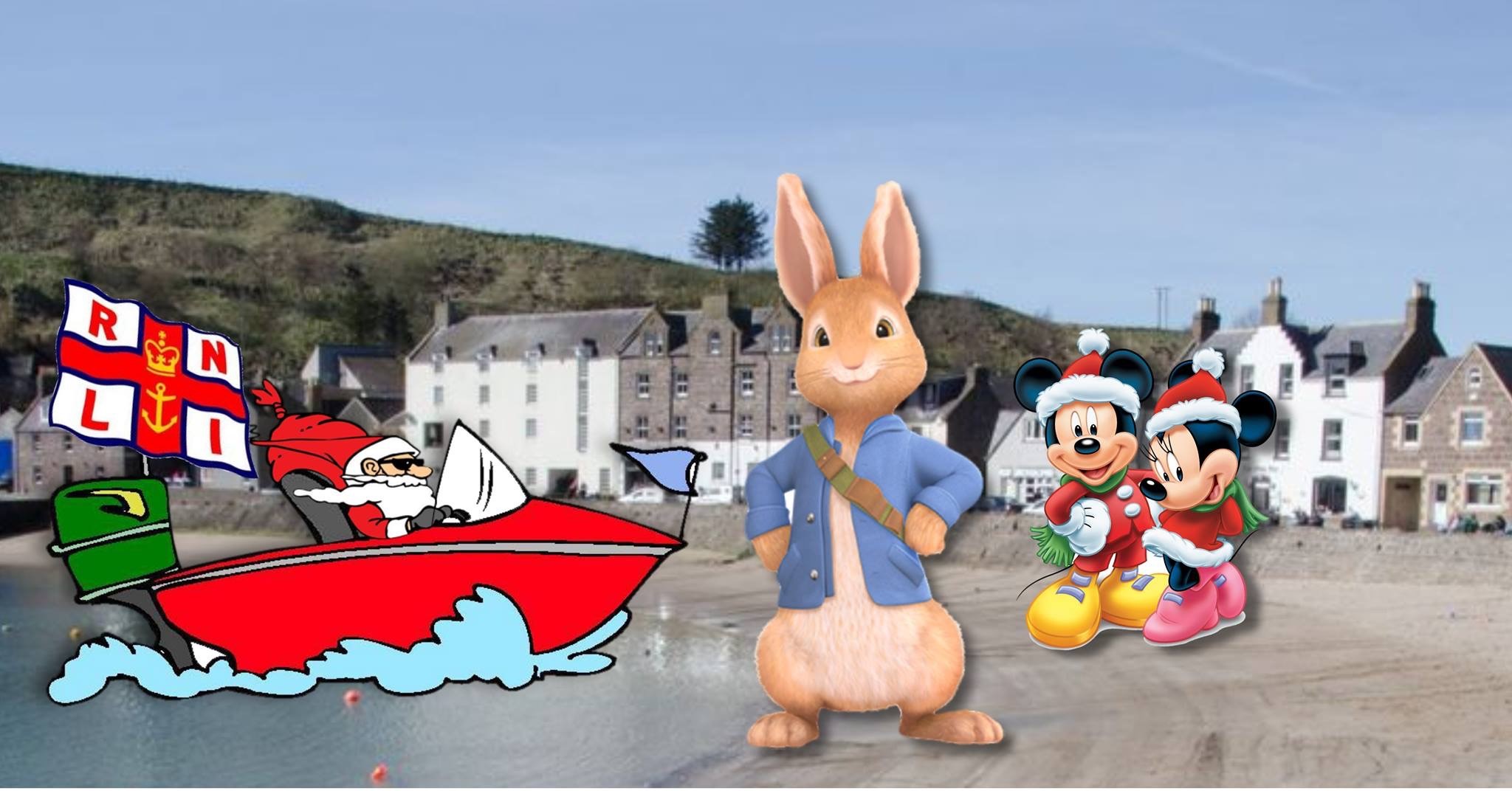 Santa in Lifeboat along with Peter Rabbit and Friends