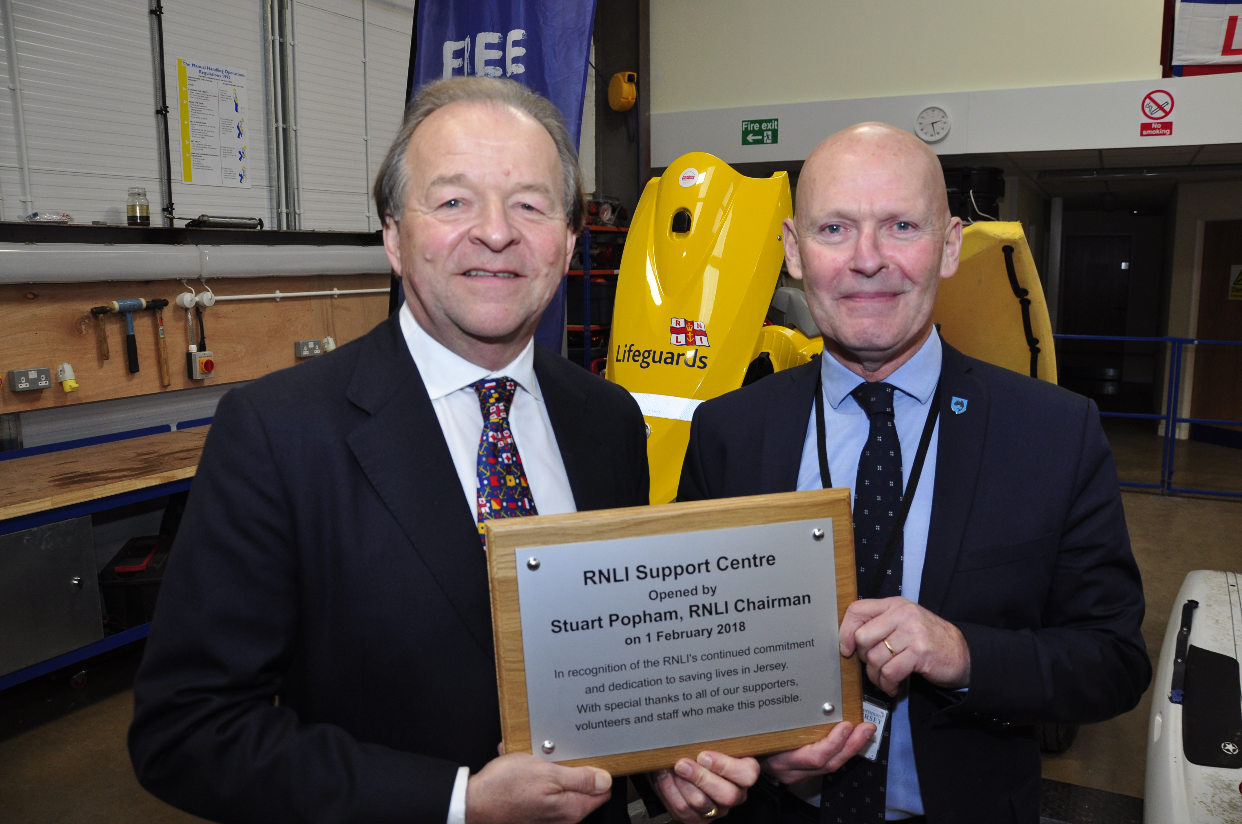 Stuart Popham (Chairman of RNLI) with Steve Pallett, Assistant Minister for Economic Development, Tourism, Sport and Culture, States of Jersey