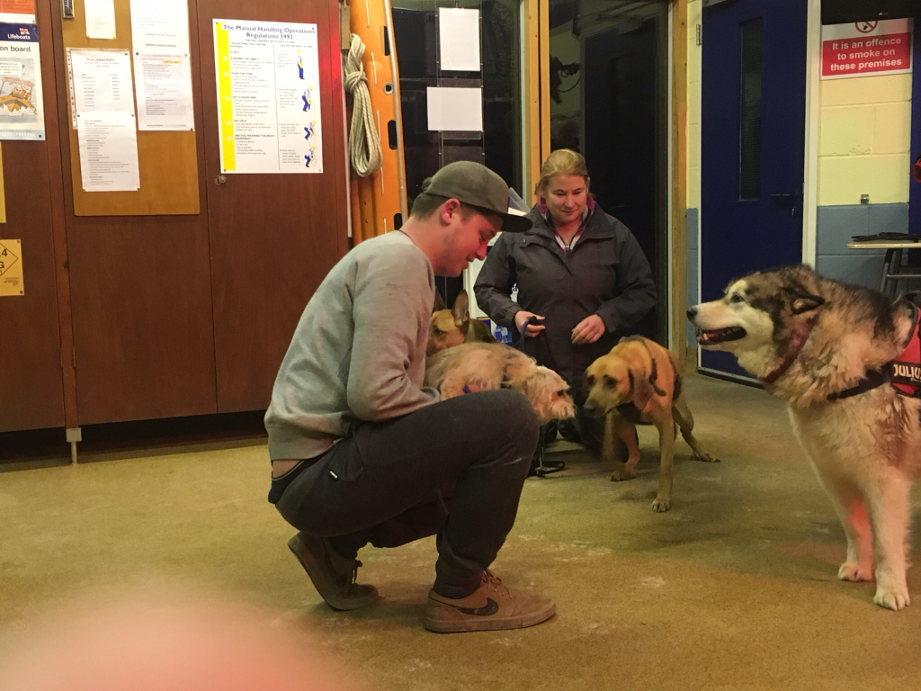 One of the volunteer crew at Rock RNLI meeting the dogs.