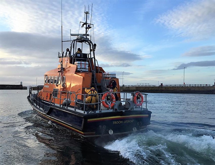 Troon Trent class all weather lifeboat launching on service