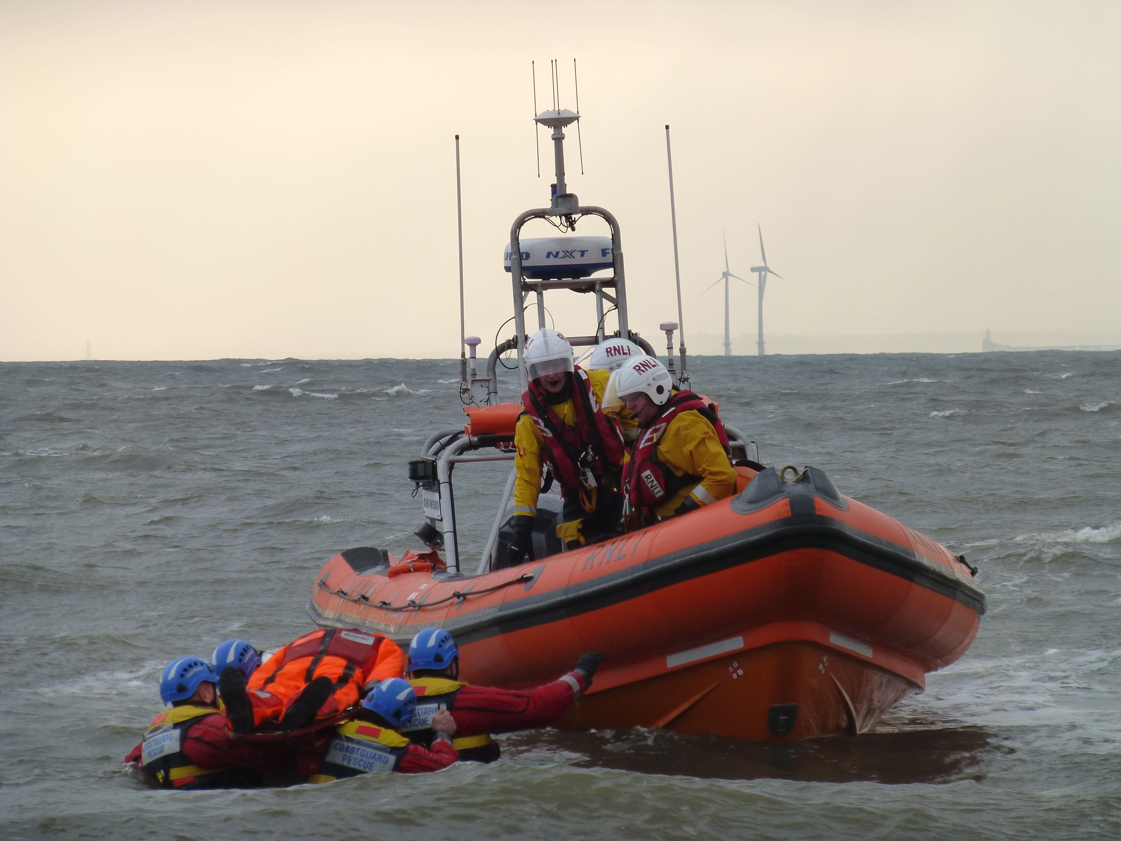 A series of photographs showing the joint exercise with the lifeboat along with Newbiggin and Blyth Coastguard rescue teams