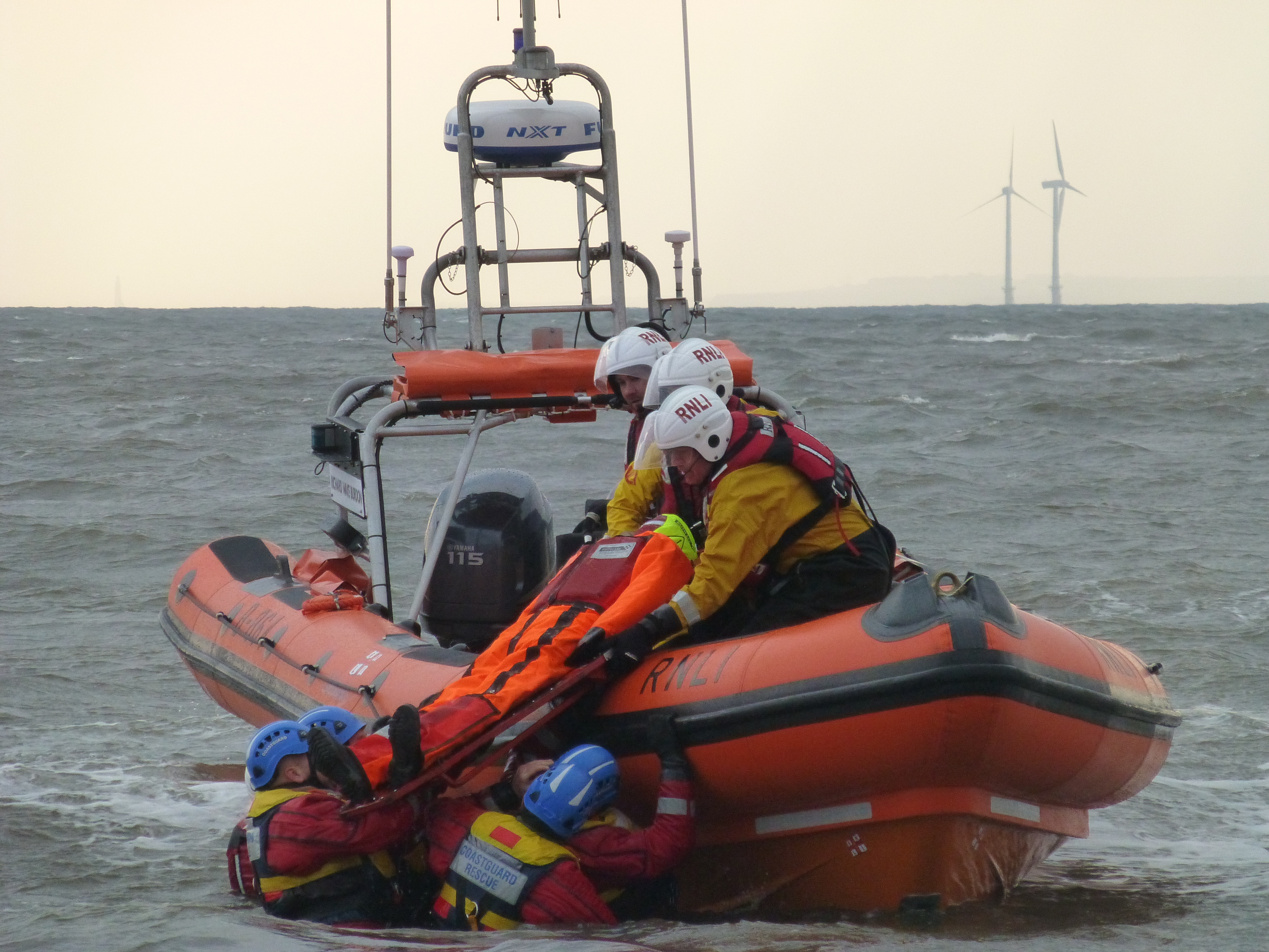 A series of photographs showing the joint exercise with the lifeboat along with Newbiggin and Blyth Coastguard rescue teams