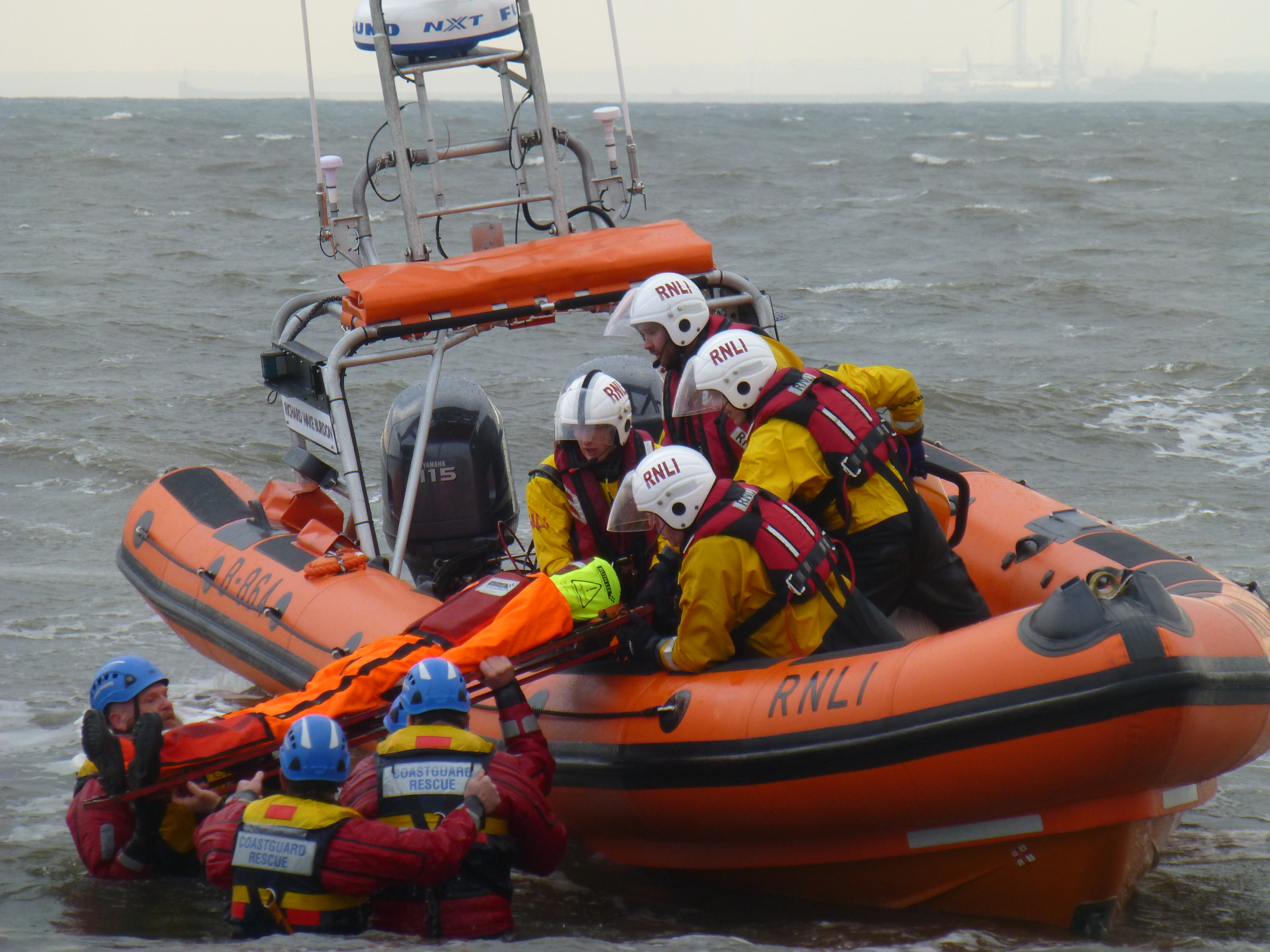 A series of photographs showing the joint exercise with the lifeboat along with Newbiggin and Blyth Coastguard rescue teams