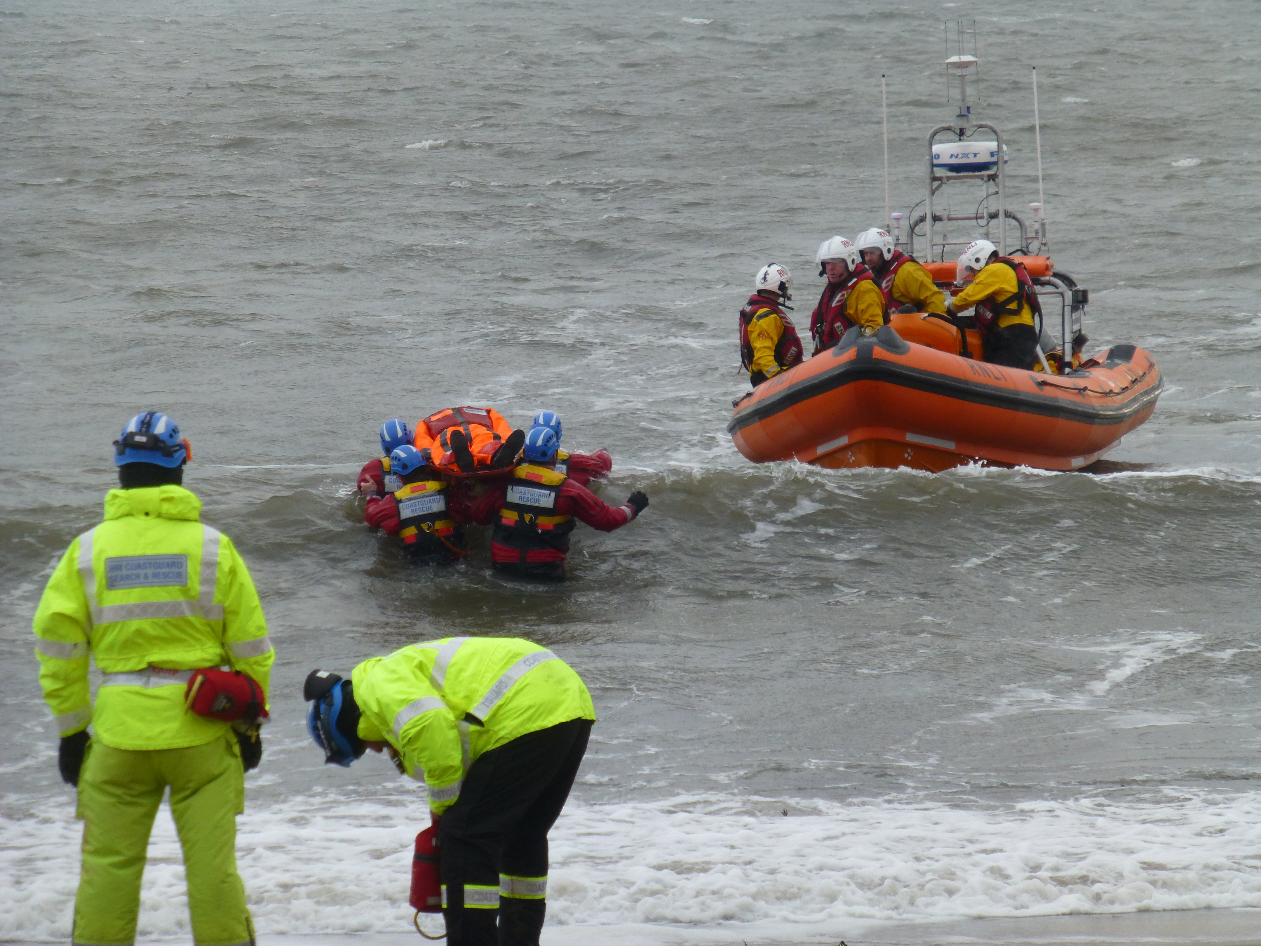 A series of photographs showing the joint exercise with the lifeboat along with Newbiggin and Blyth Coastguard rescue teams