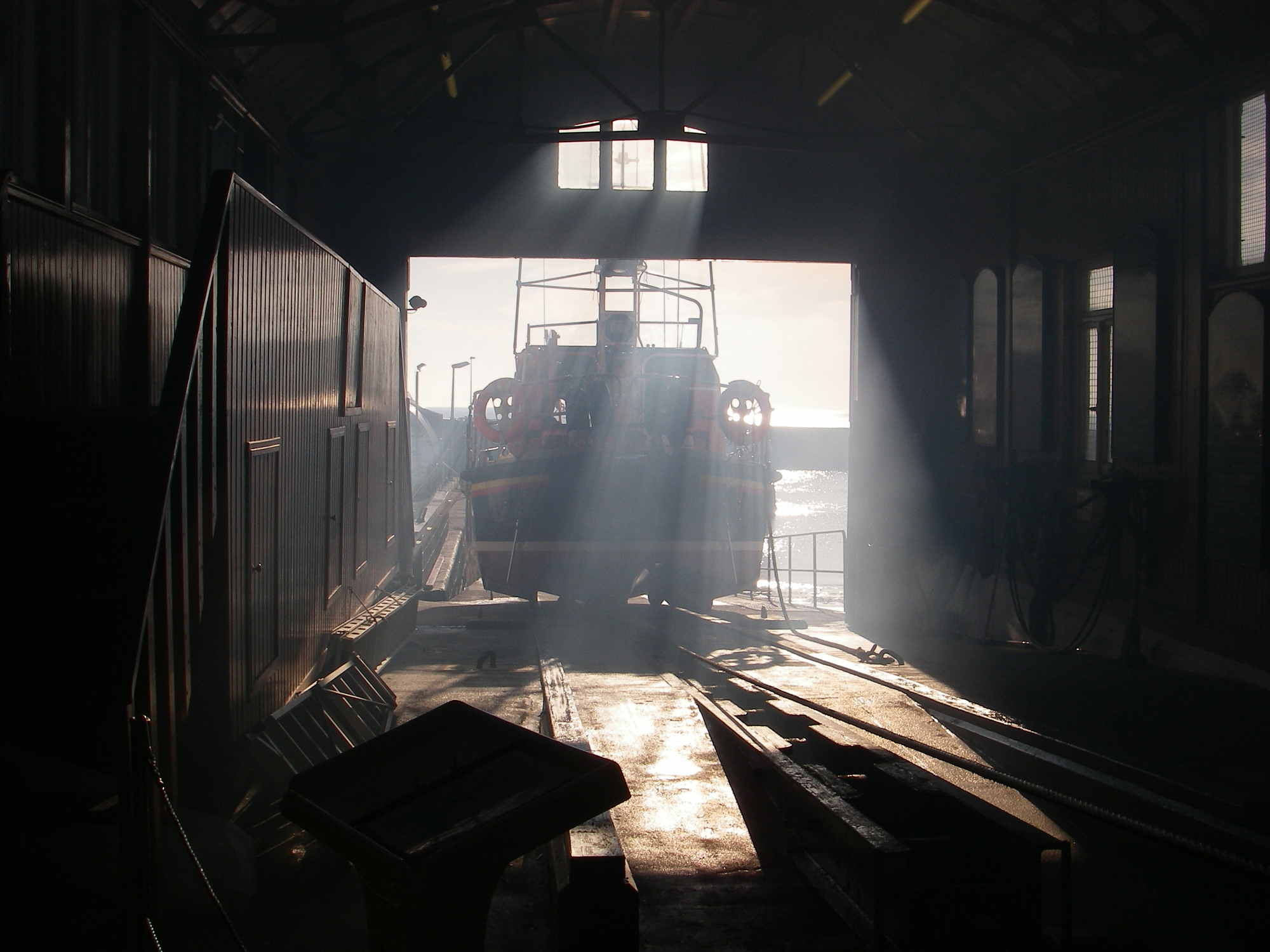 Arbroath's lifeboat on the slip way with rays of sunshine