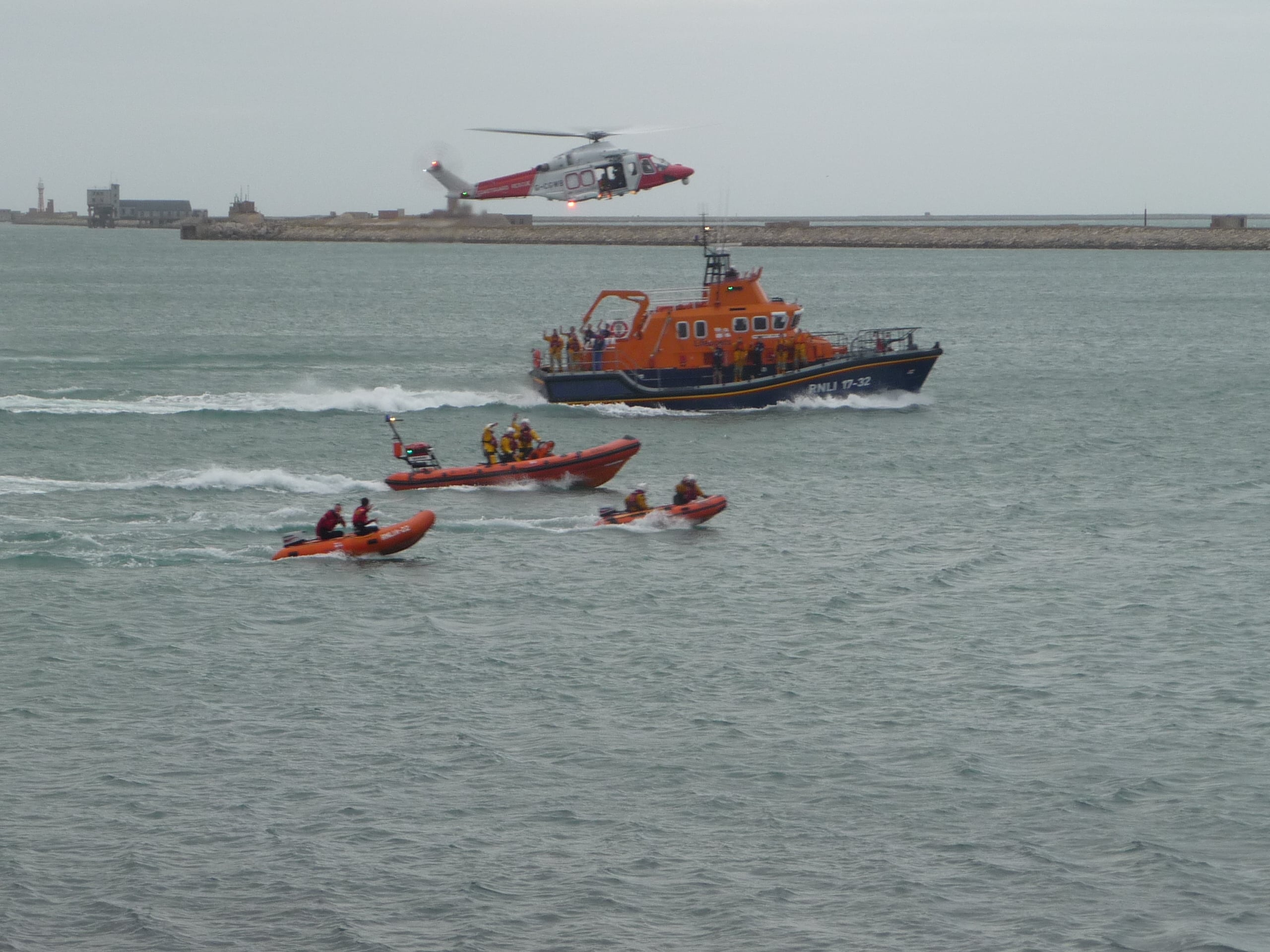 All the lifeboats and helicopter taking part in the Nothe Gardens display.