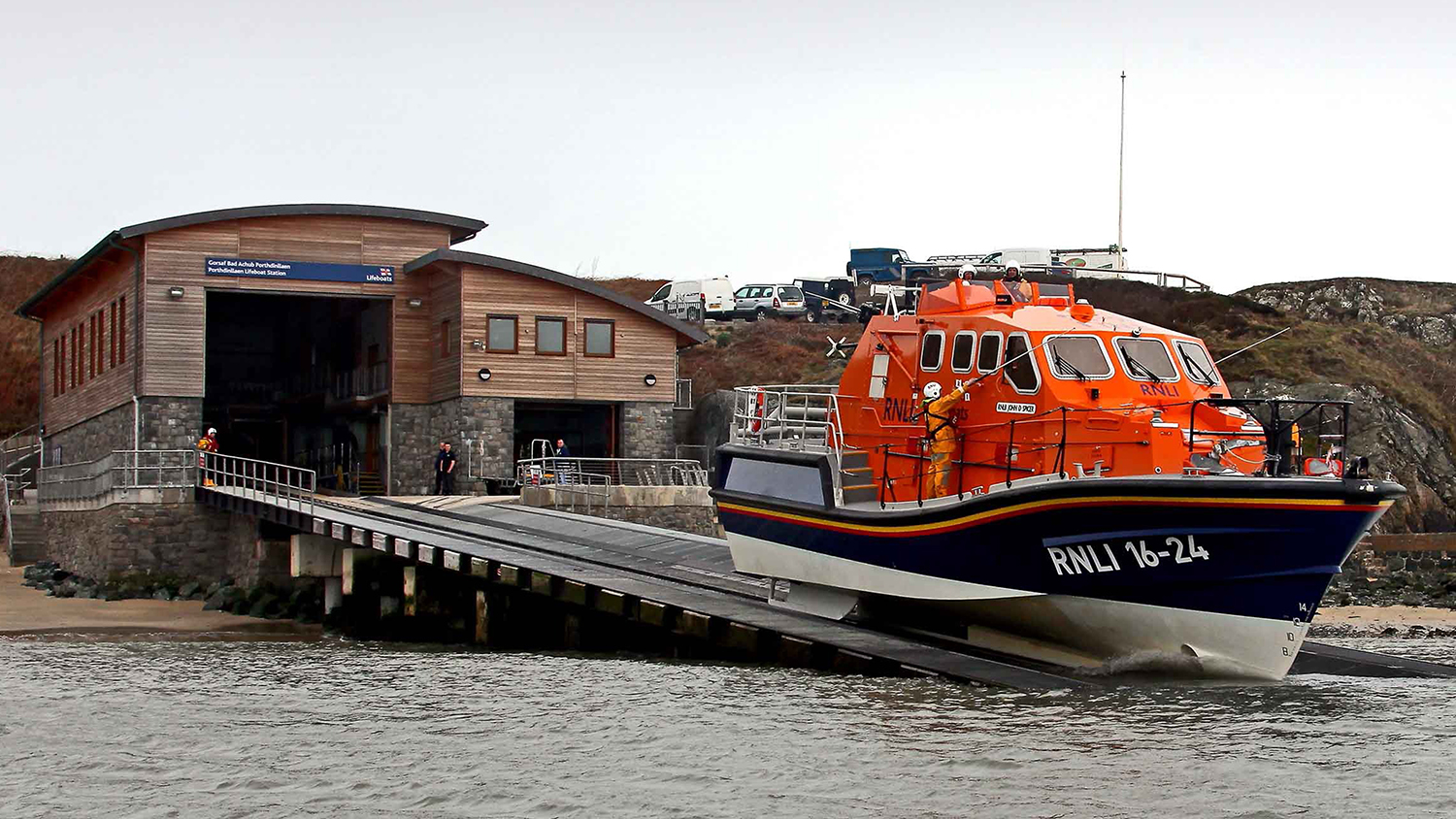 Porthdinllaen RNLI Lifeboat launching down her slipway