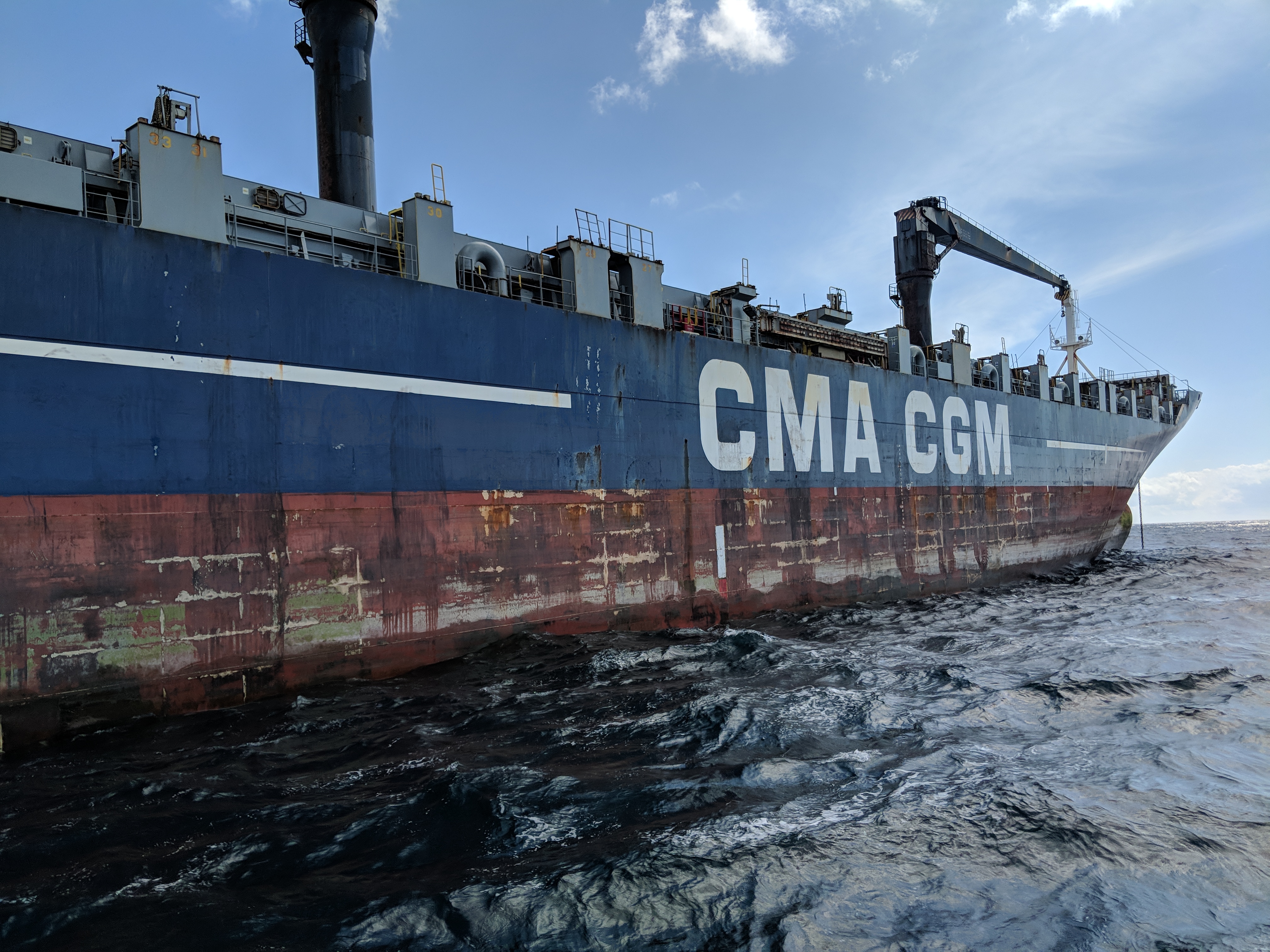 The lifeboat approaches the CMA CGM Forte Ste Marie