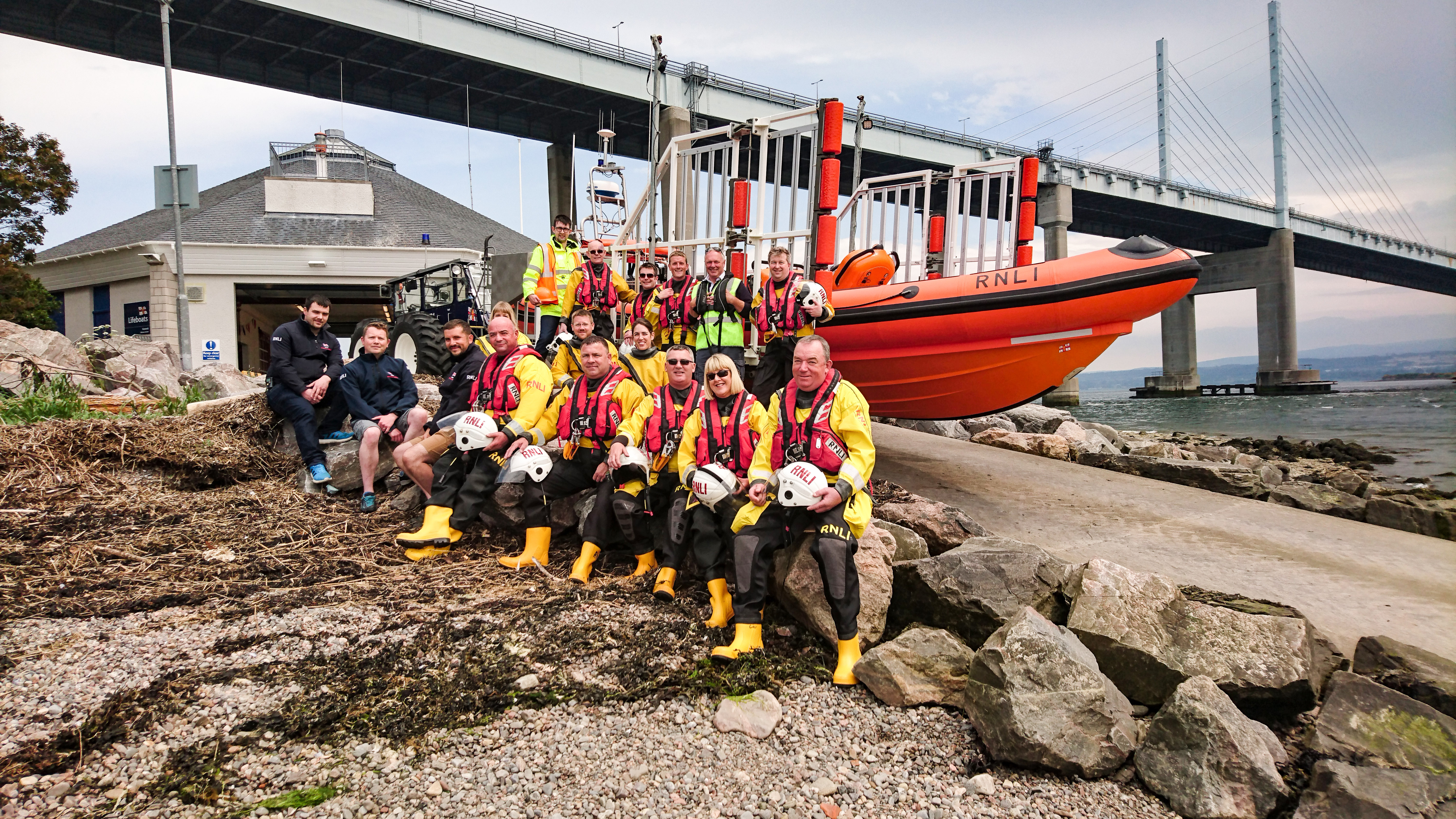 Kessock Lifeboat volunteers gathered on the forshore infront of their lifeboat station