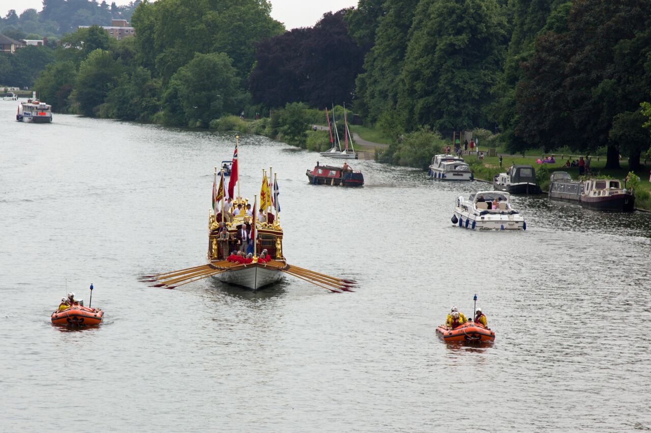 Teddington RNLI Lifeboats escort Gloriana on the Thames - Two D-Class Inshore Lifeboats flank Gloriana
