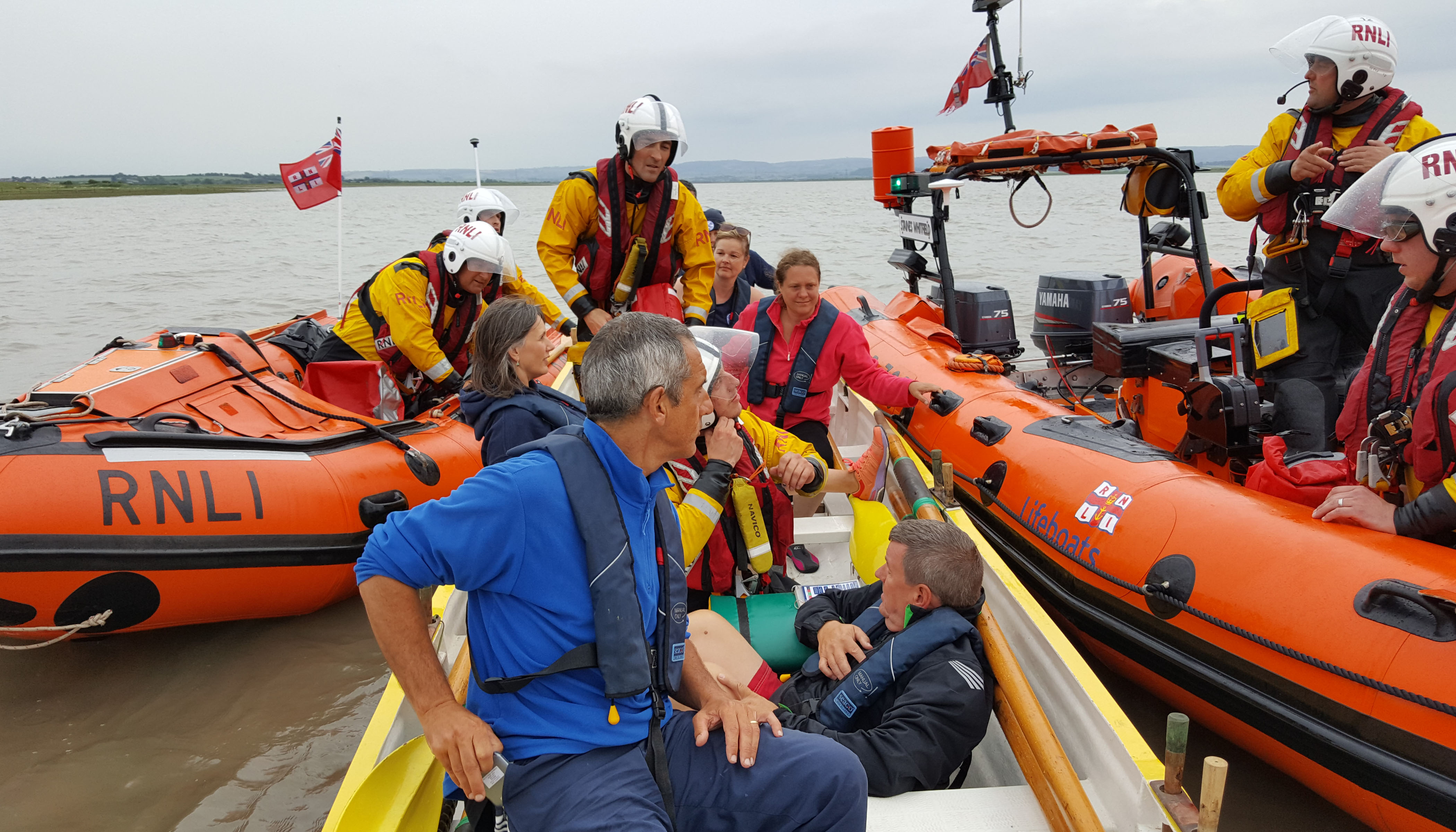 Shows the Burnham-on-Sea lifeboats ramped either side of the gig