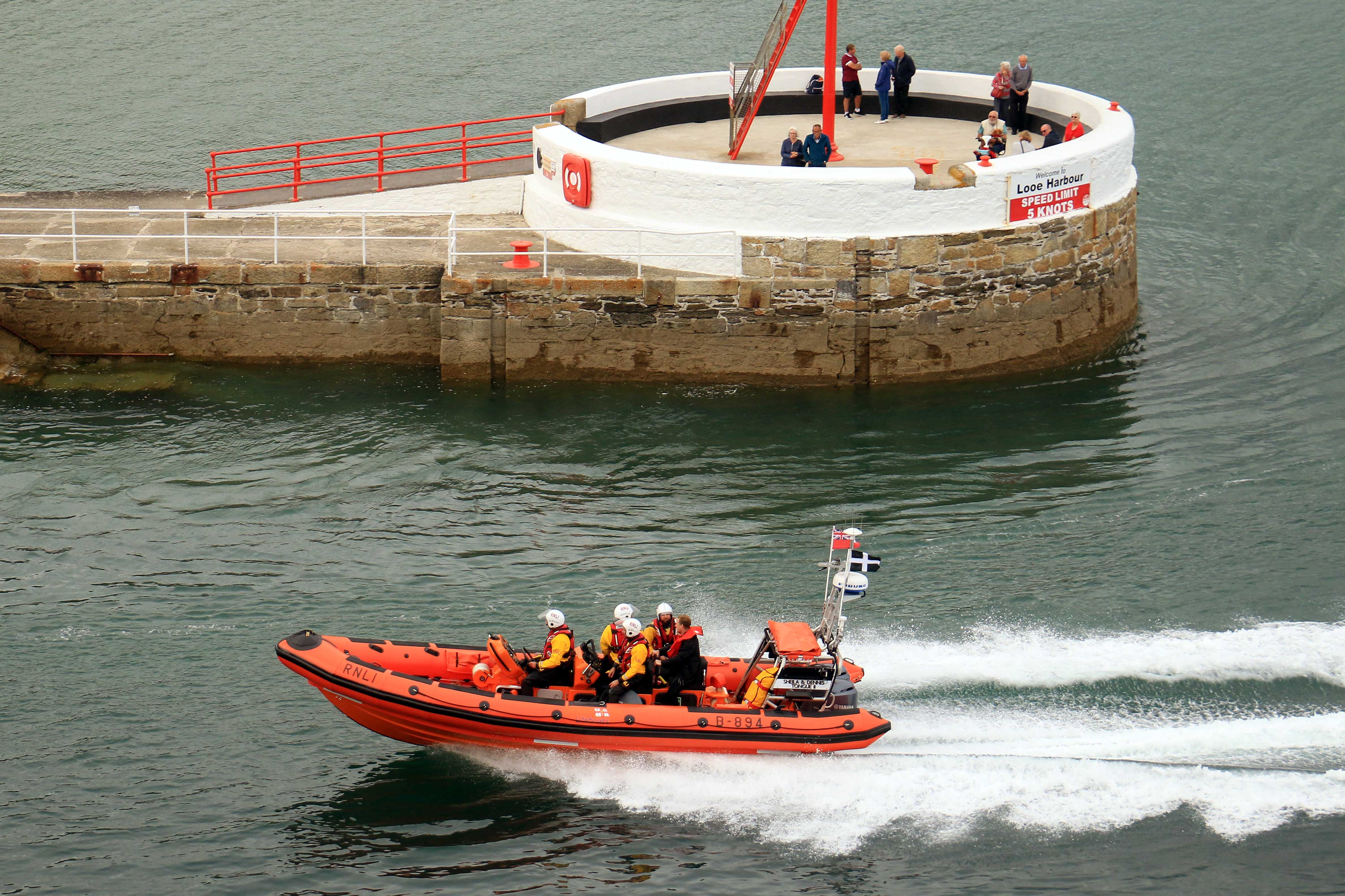 Looe RNLI’s D Atlantic 85 inshore lifeboat Sheila and Dennis Tongue II returning to Looe