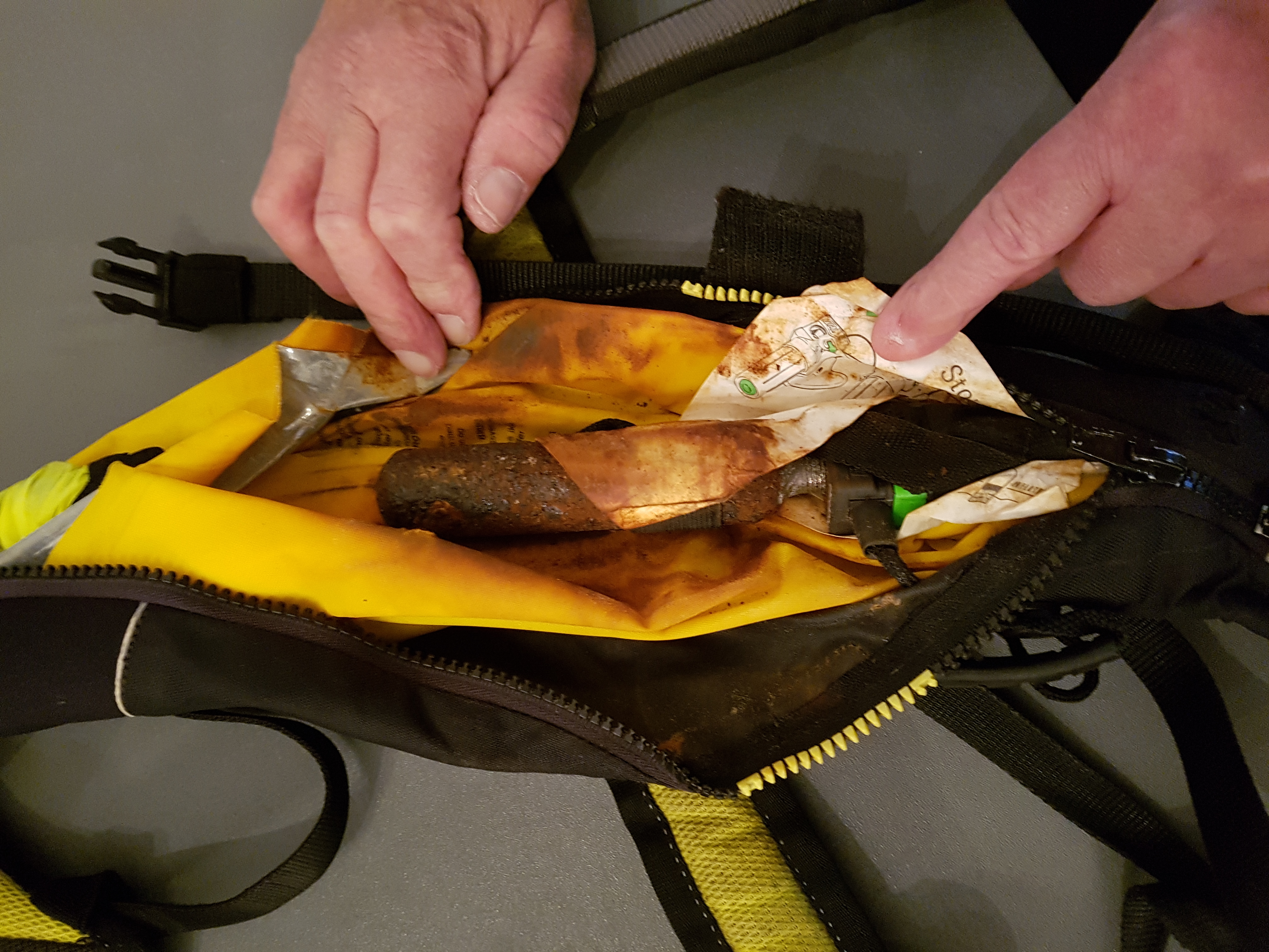Rust pictured inside a life-jacket at the clinic