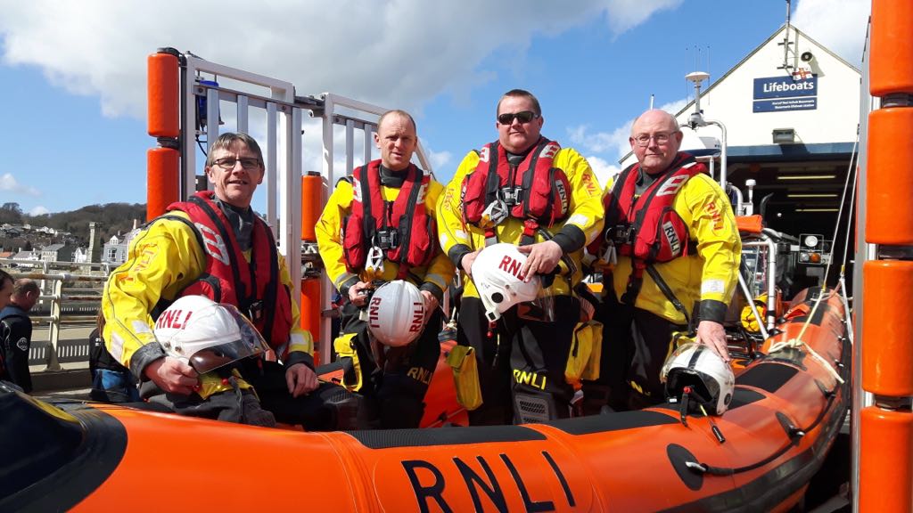 The Beaumaris inshore lifeboat crew prior to launching on Sunday 25 March 2018