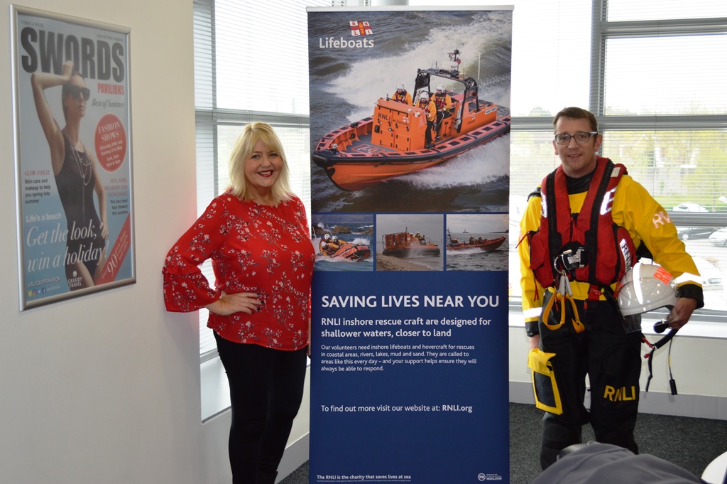 Deirdre King, Marketing Manager for Swords Pavilions with Skerries RNLI volunteer crewmember Joe May launch the charity partnership between the centre and the RNLI

