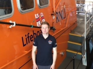 Owain Williams pictured on board Porthdinllaen`s Tamar Class Lifeboat 'John D Spicer'