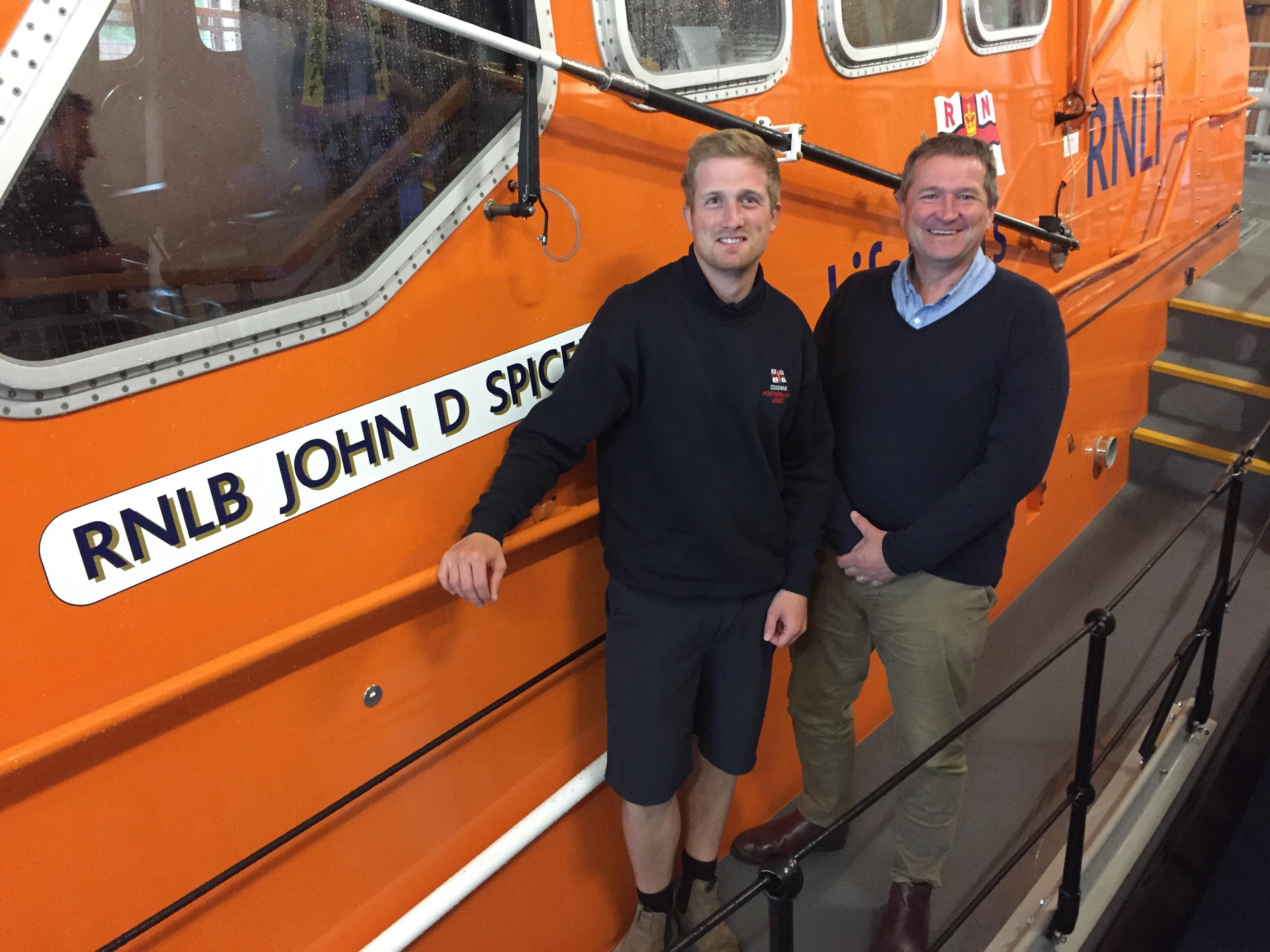 Owain Williams and Stuart Wallace aboard Porthdinllaen`s Tamar Class Lifeboat