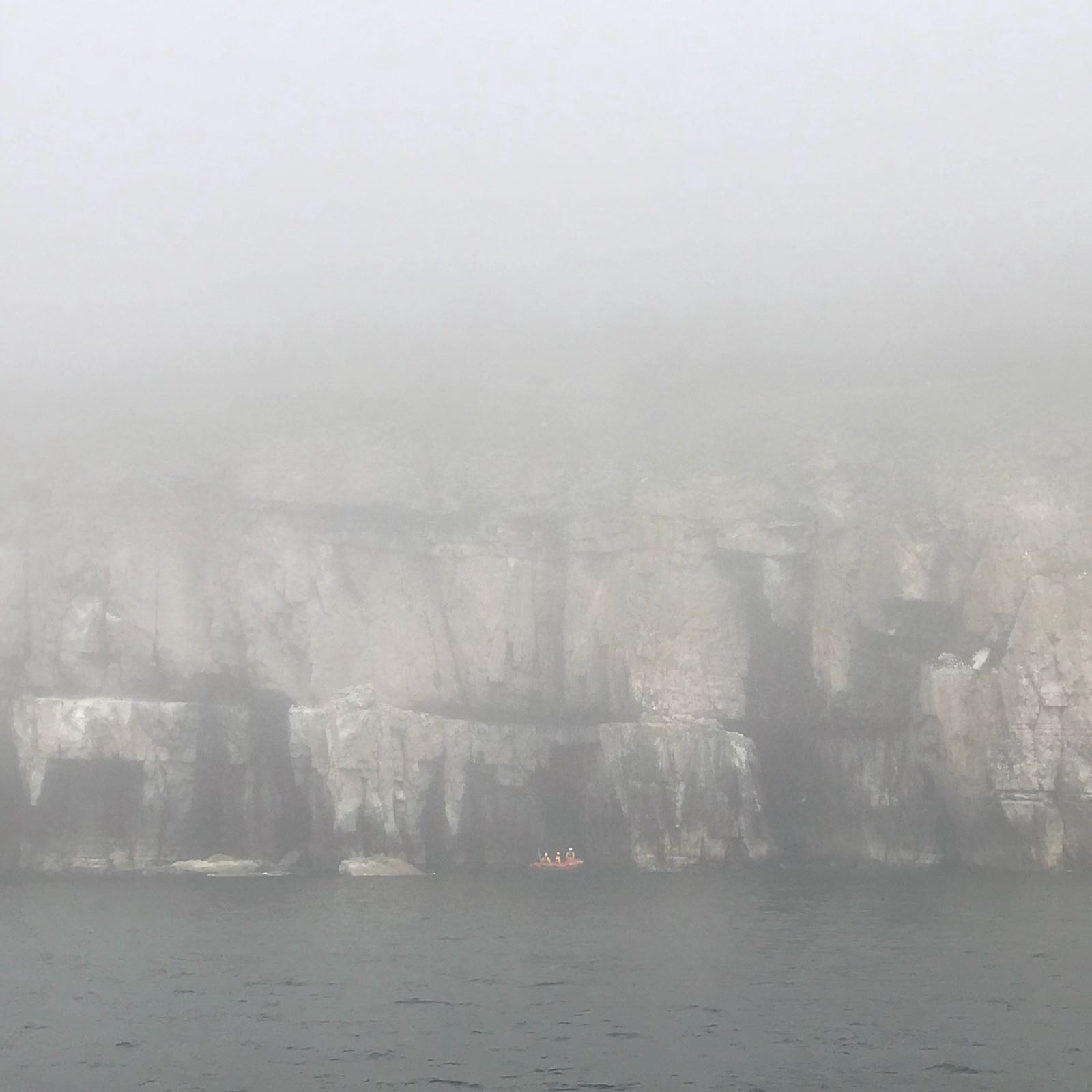 Swanage inshore lifeboat searching the Jurassic coast in foggy conditions