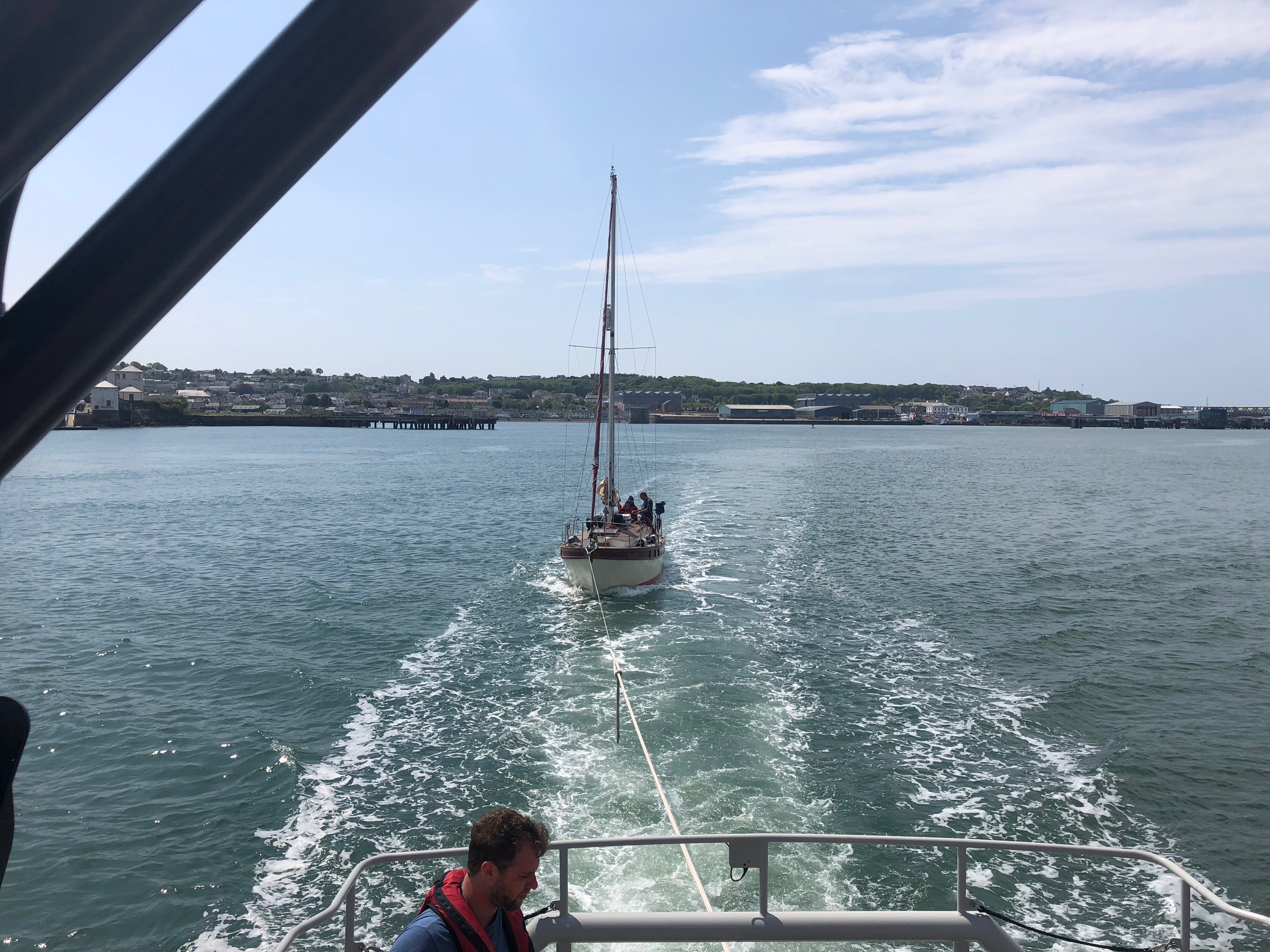 The view from Angle RNLI’s Tamar class lifeboat on May 22 as the crippled yacht is towed towards Neyland.