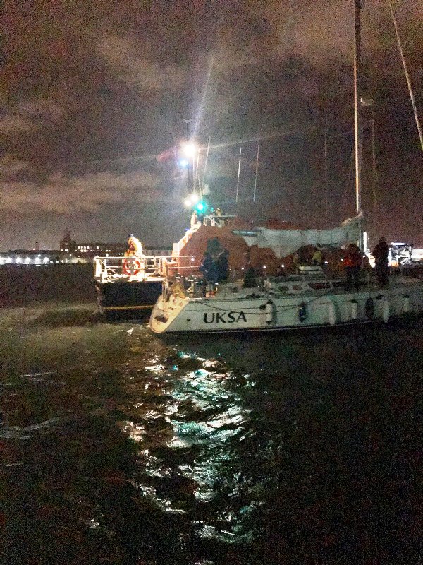 The yacht and RNLB Alfred Albert Williams about to berth at Gosport Marina