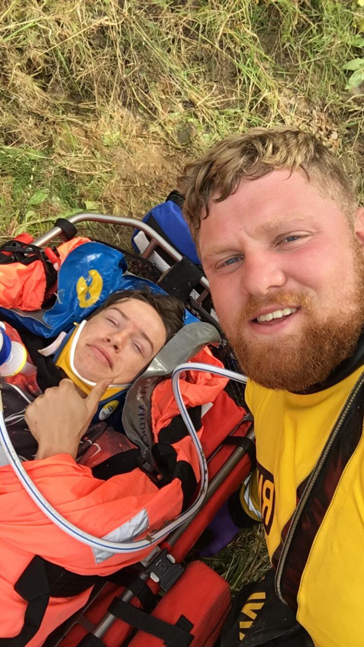 Logan poses for a 'selfie' with crew member Luke before being airlifted to hospital.