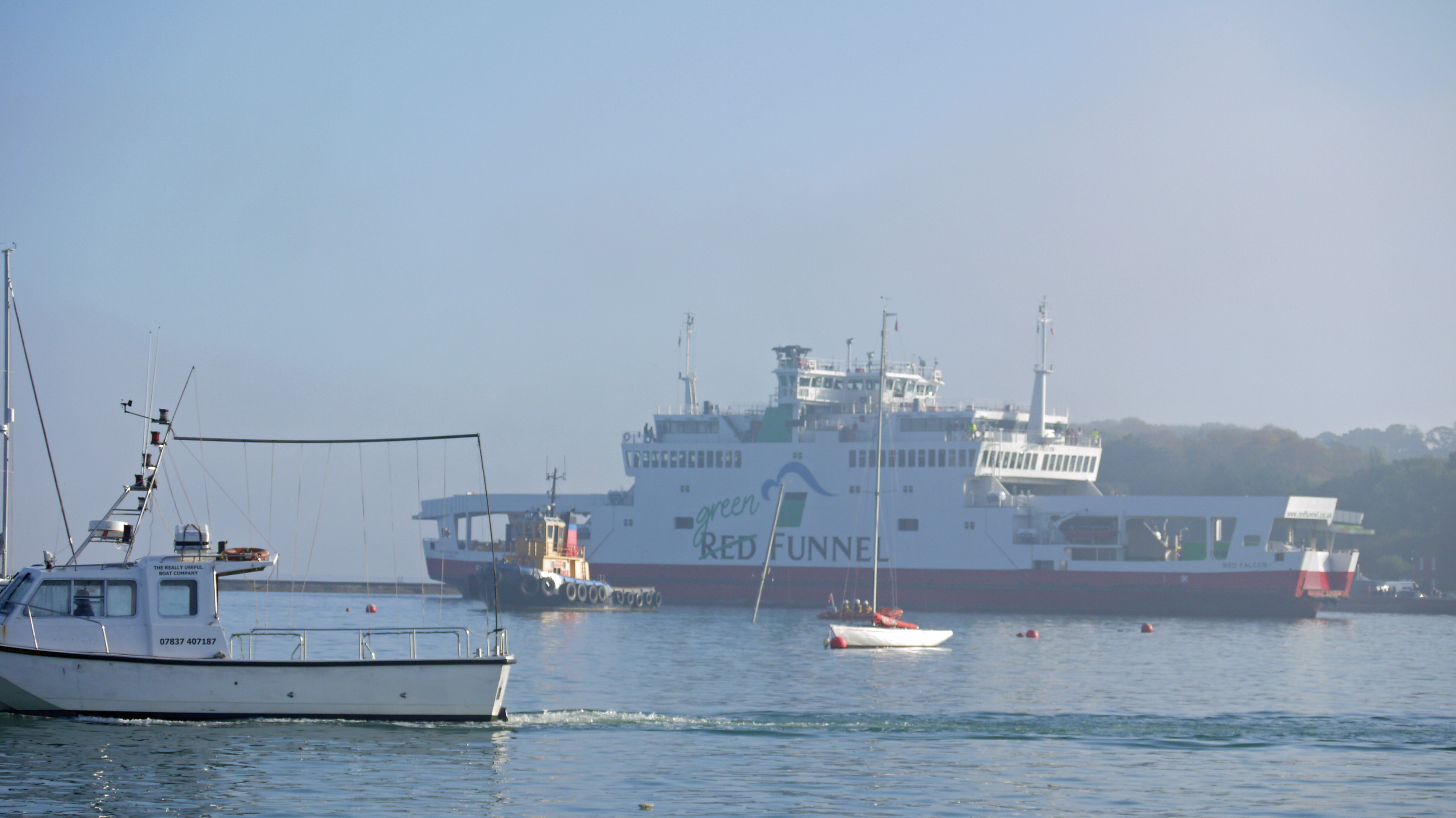 The Red Falcon, aground in the fog-bound harbour, as seen from Cowes.