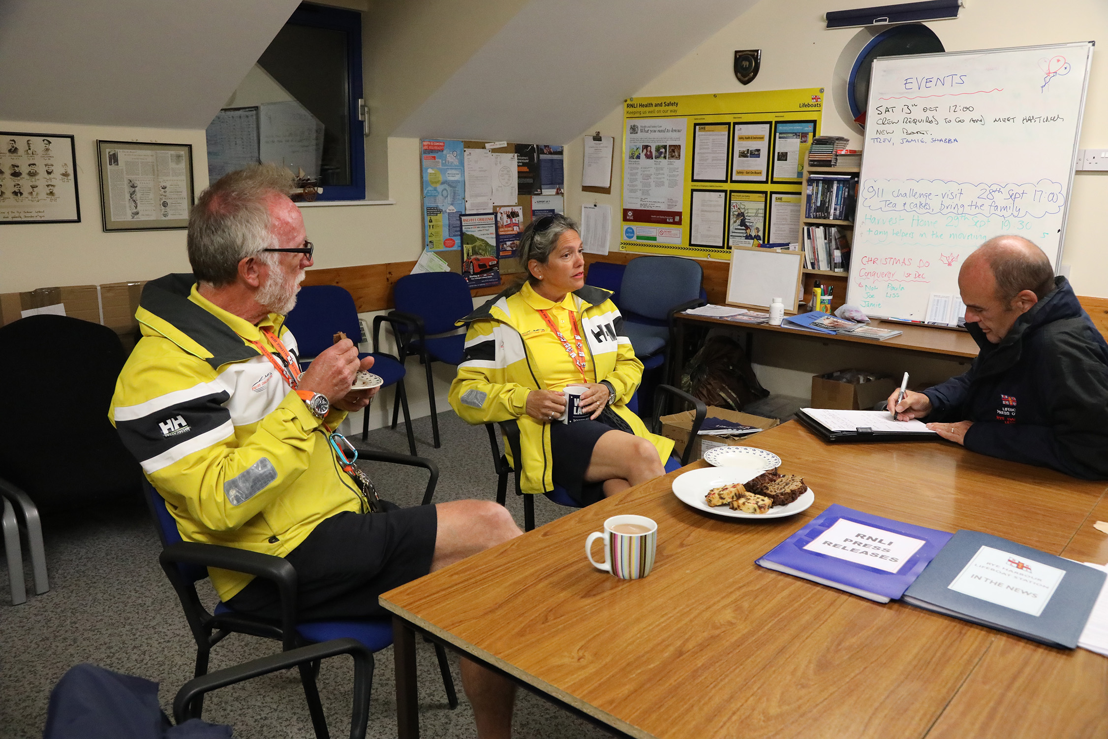 James and Belinda Richardson having a quick tea break in Rye Harbour Station with Press Officer Martin Bruce