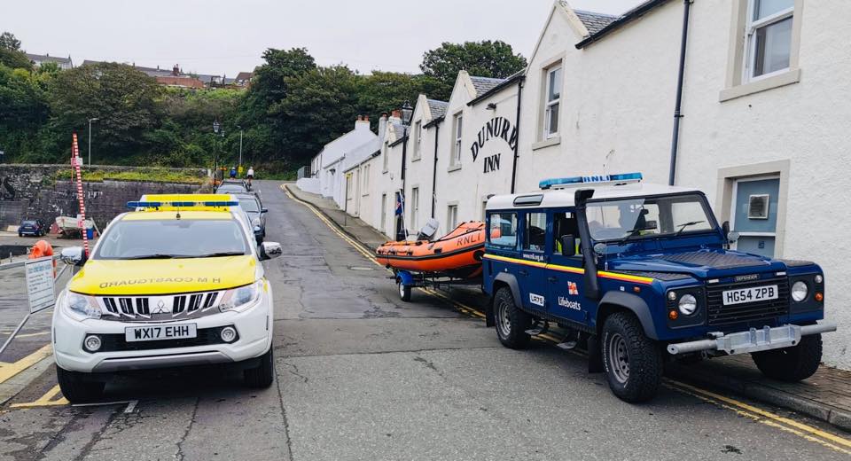 Troon RNLI Land Rover with D class inshore lifeboat along with Ayr Coastguard at Dunure Harbour