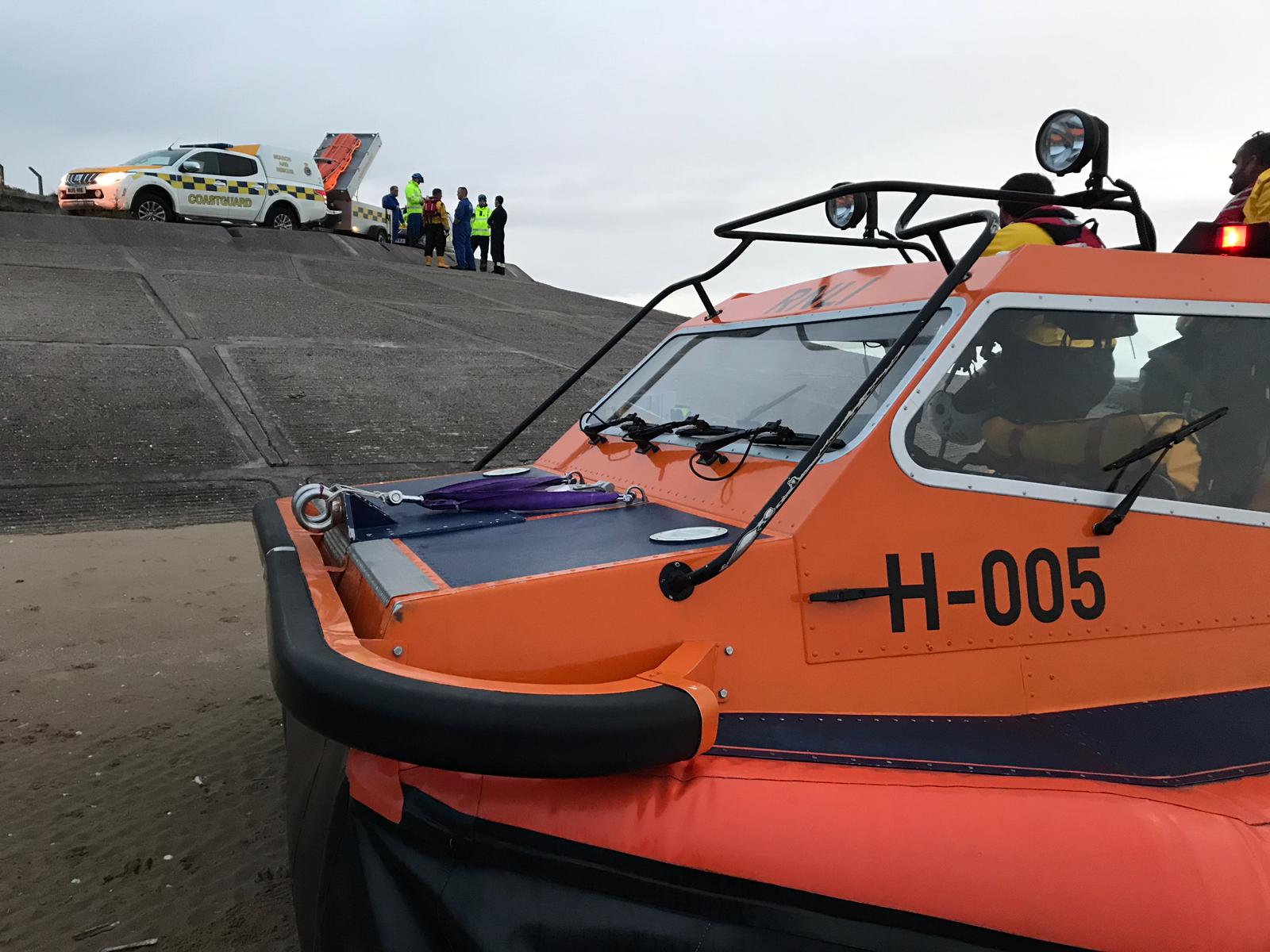 RNLI Hoylake Hovercraft H-005 Hurley Spirit responds to report of person in the water off Leasowe