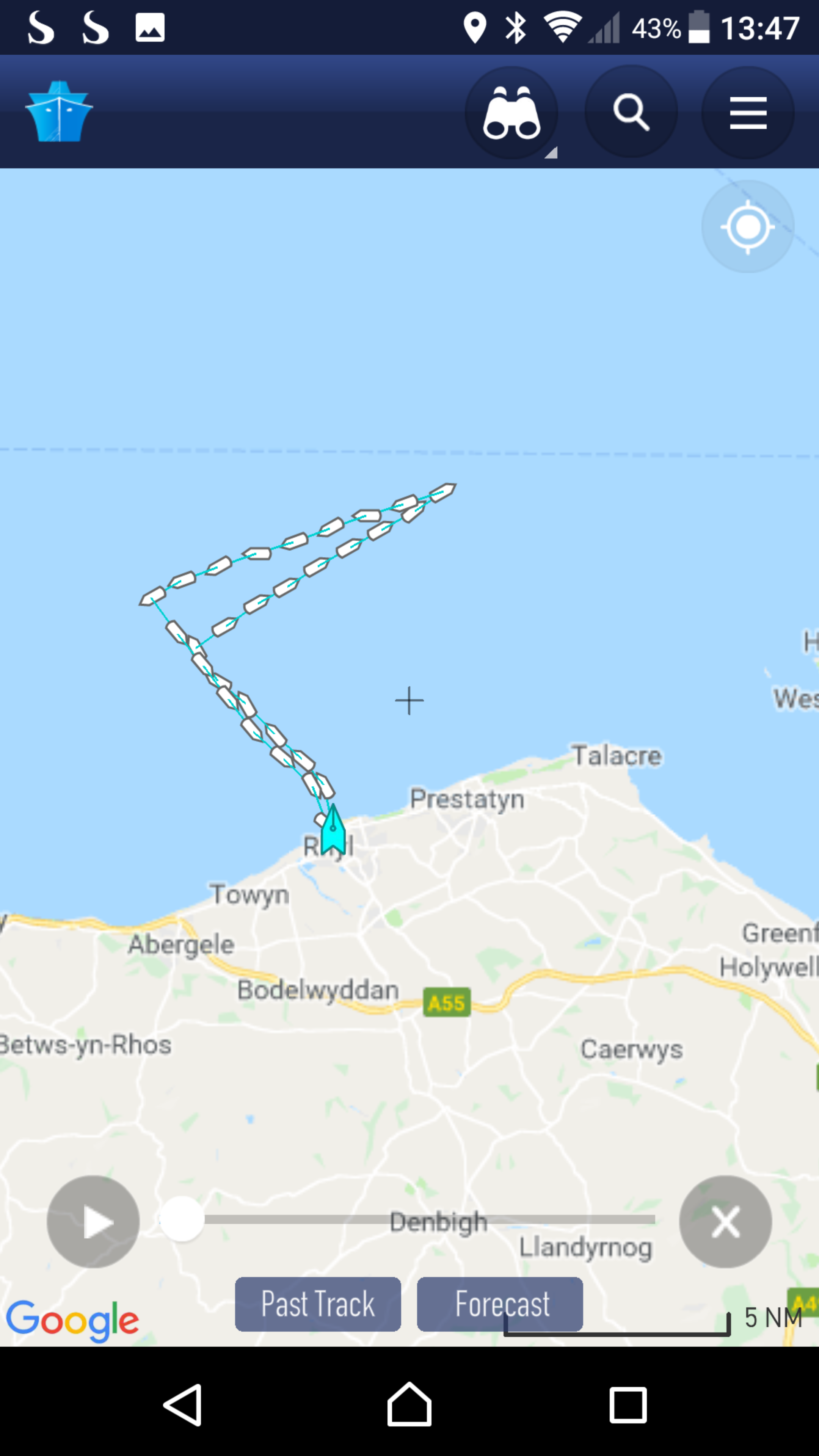 Track of Rhyl lifeboat on service 24 February 2019