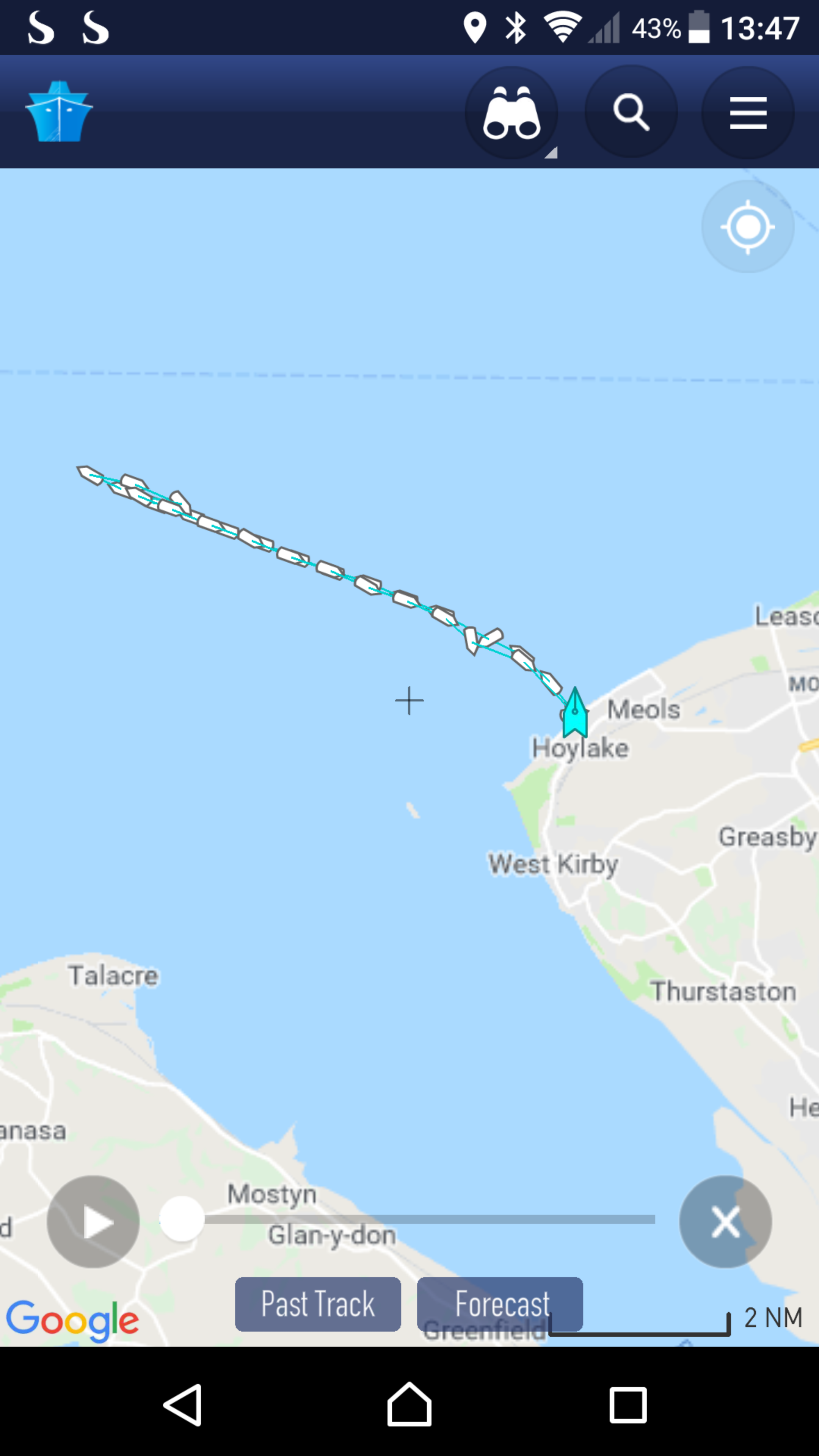 Track of Hoylake lifeboat on service to yacht 24 February 2019