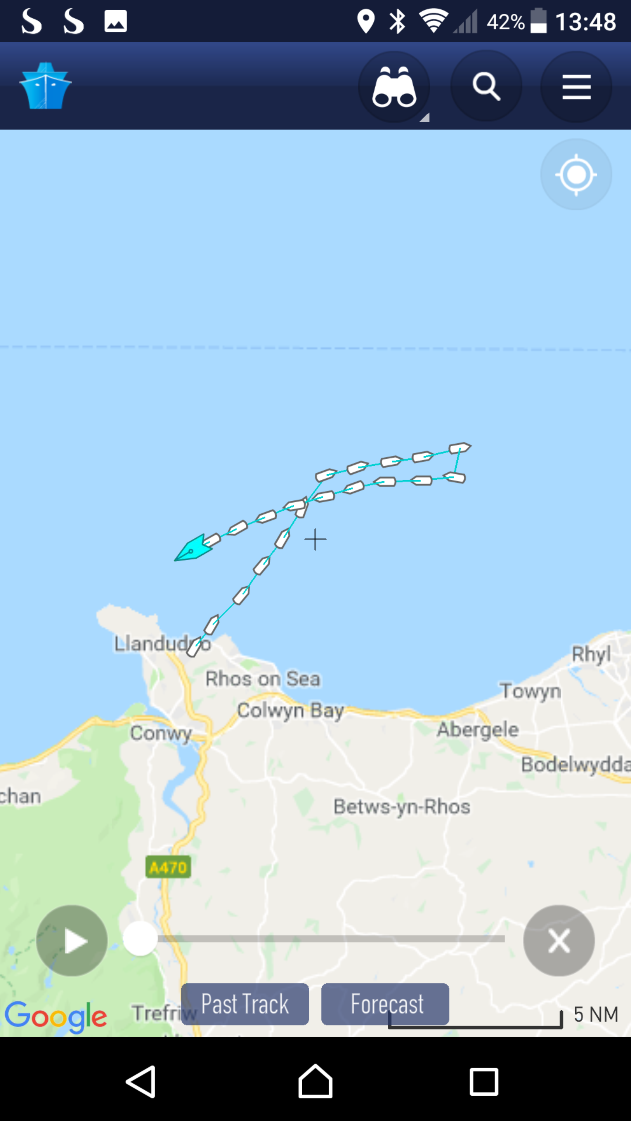 Track of Llandudno lifeboat sevice to yacht 24 February 2019. Final track to Conway.