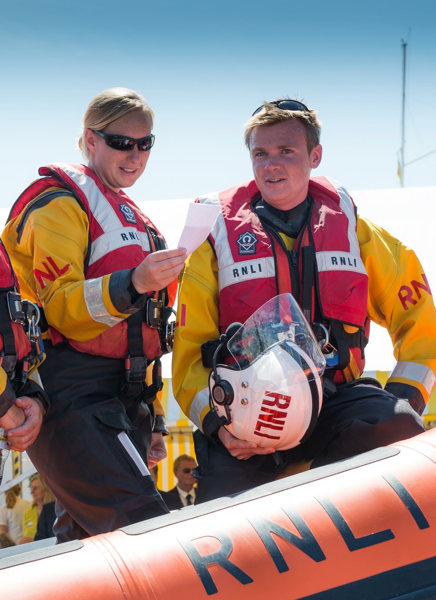 Heather and Alisdair pictured in the lifeboat crew gear.