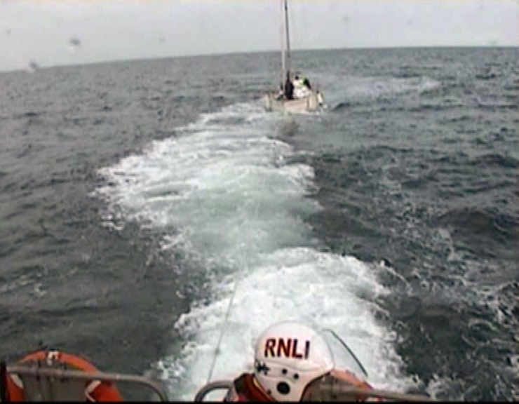 Wicklow lifeboat towing the yacht into Greystones Marina.