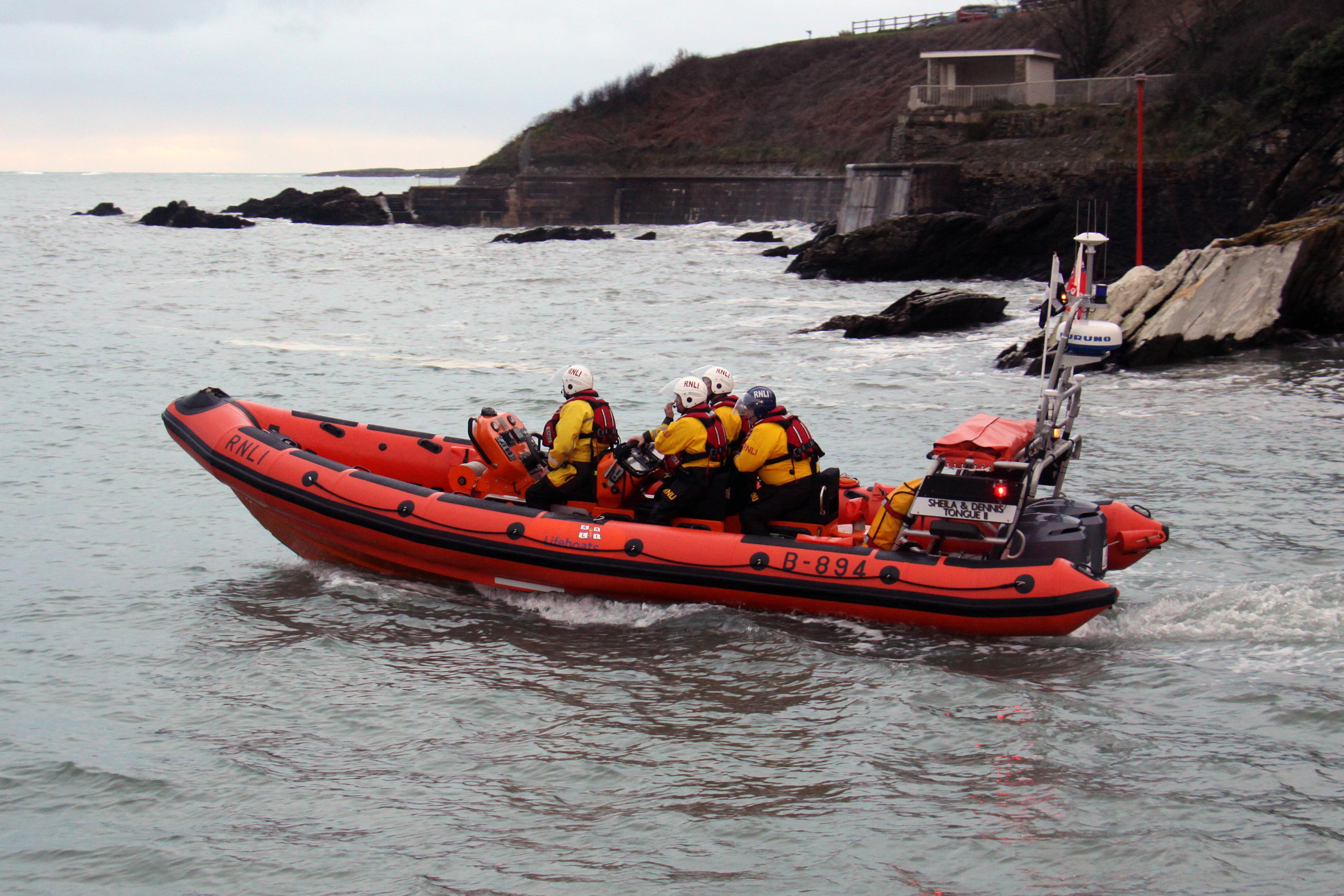 Helm Clive Palfrey with Tom Peat, Jack Spree and RNLI assessor / trainer Gary Stanbury on Looe RNLI’s Atlantic 85 Sheila and Dennis Tongue II heading out into Looe bay