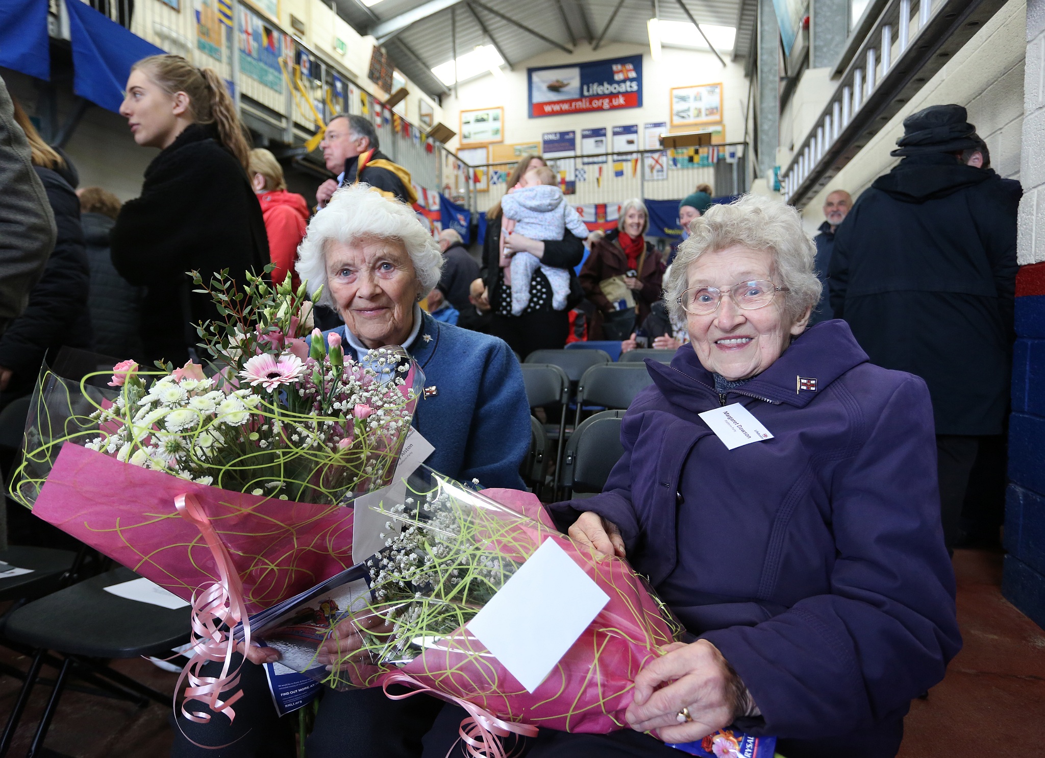 Mary Alston, widow of late Capt G Alston (ex Hon Sec) and Margaret Dawson, wife of late ex Seahouses Cox Tom Dawson MBE, (RNLI Bronze Medal)