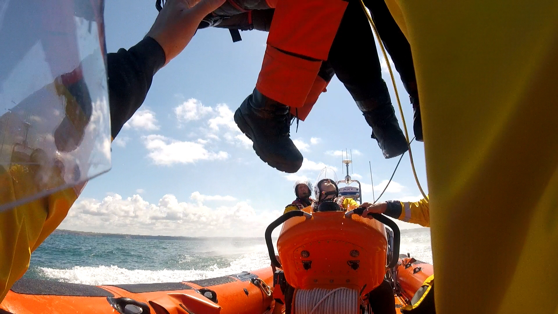 Diver is airlifted from lifeboat by crew of Coastguard helicopter