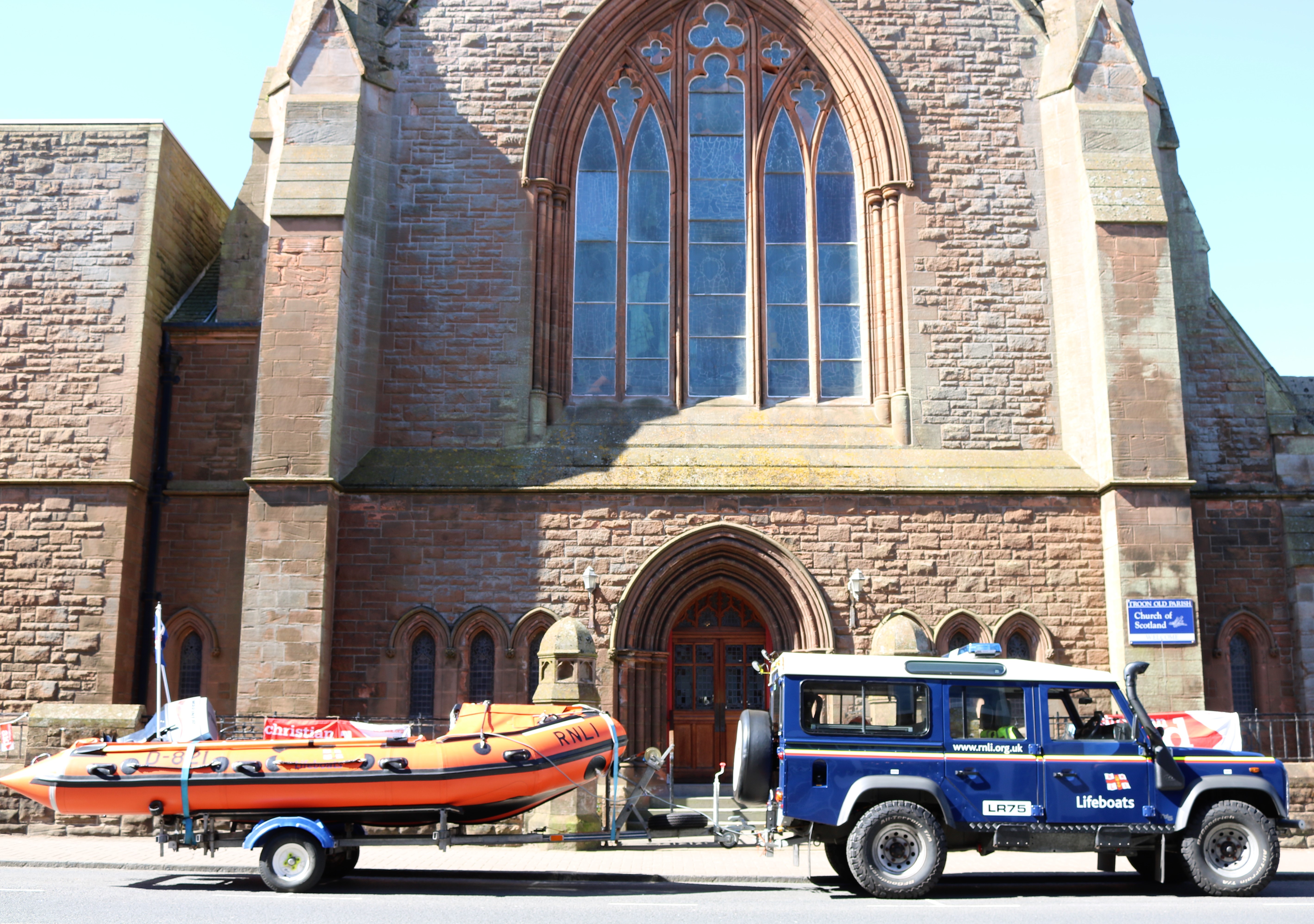 Troon D class Inshore lifeboat 'Sheena' outside Troon Old Parish Church