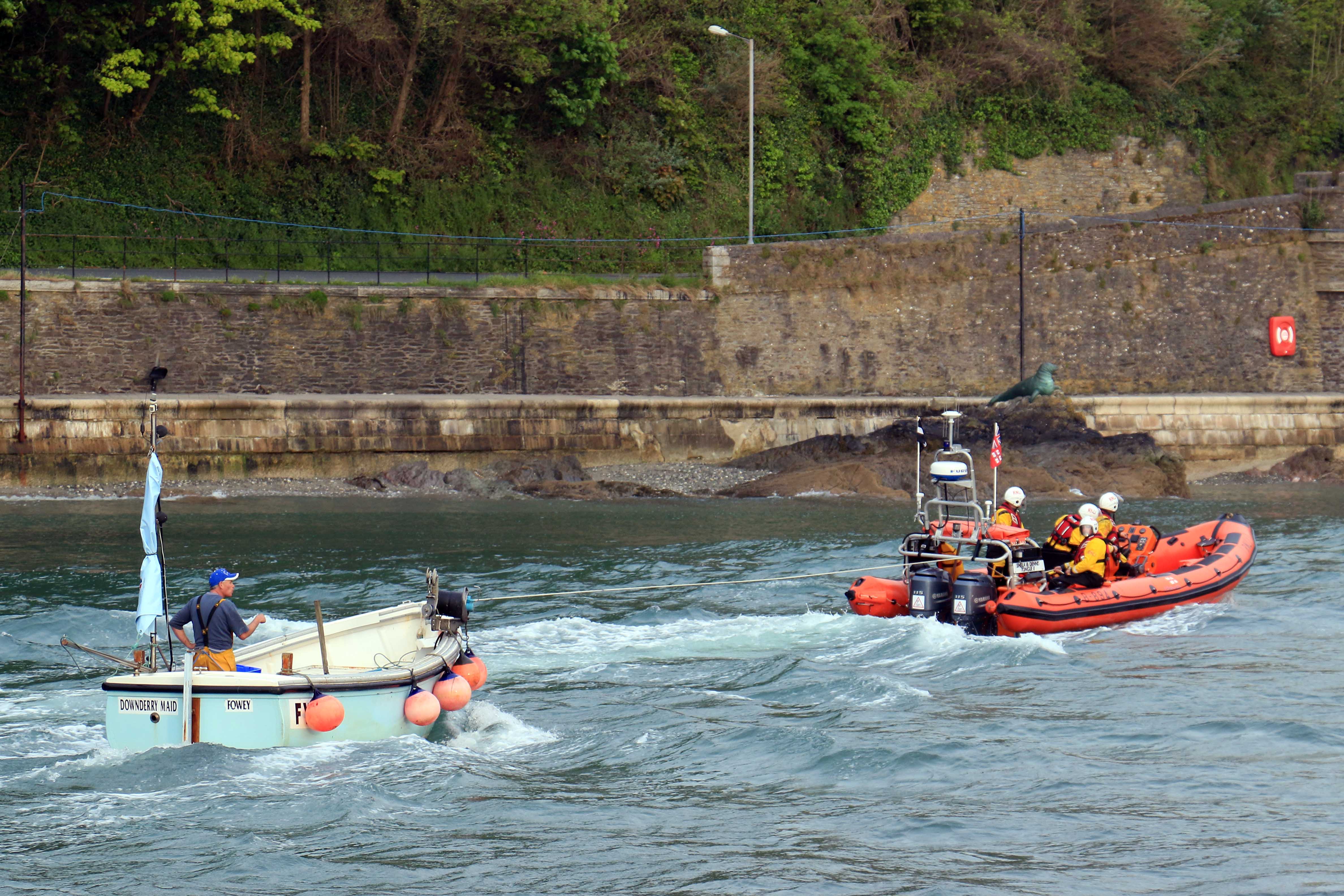 Looe RNLI Atlantic 85 Sheila and Dennis Tongue II towing Downderry Maid back into Looe River (2)