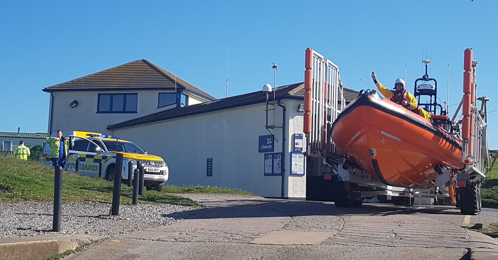 St Bees RNLI launching with Whitehaven Coasguard in attendance