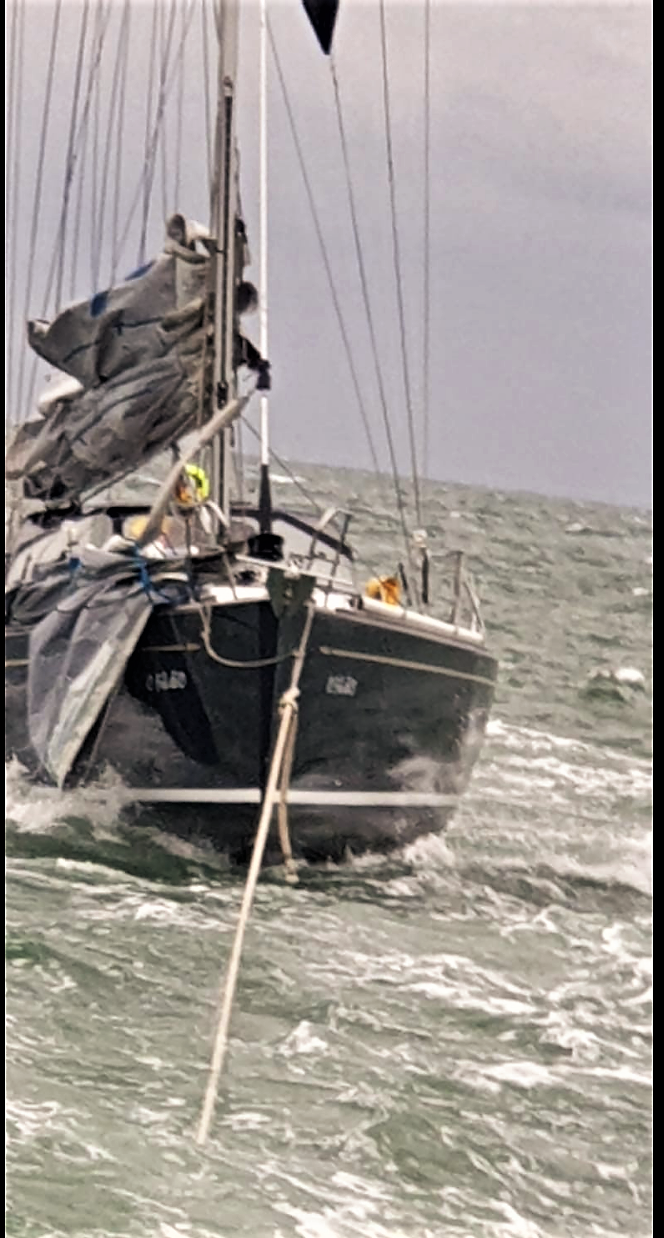 Safely under tow the Belgian yacht is towed to safety by the Sheerness all weather lifeboat