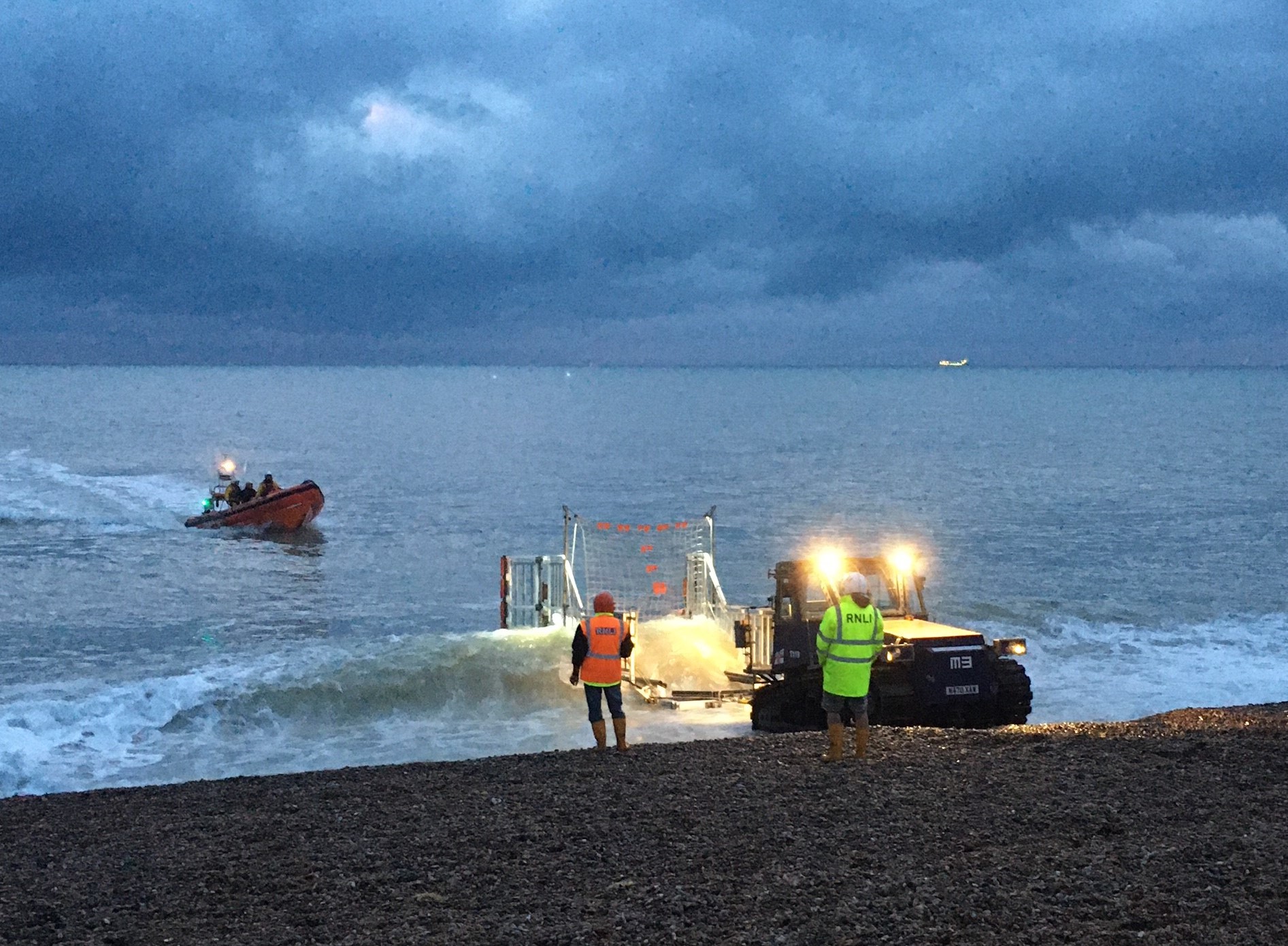 Walmer's Atlantic lifeboat Donald McLauchlan returning to station at first light.