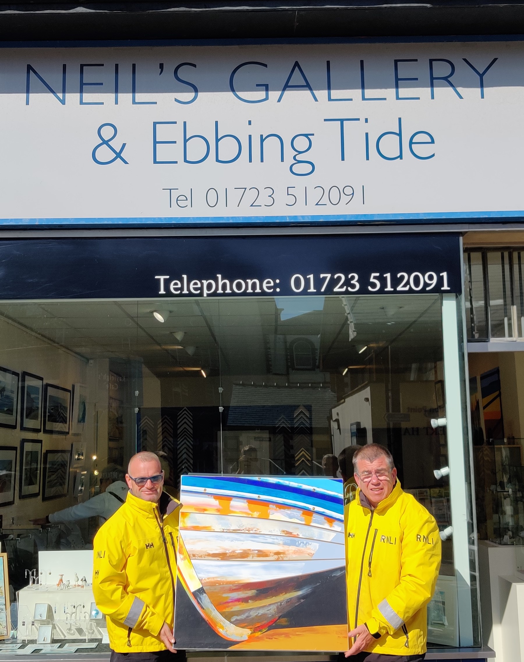 Filey Crew with the painting outside Neil's gallery, Filey.