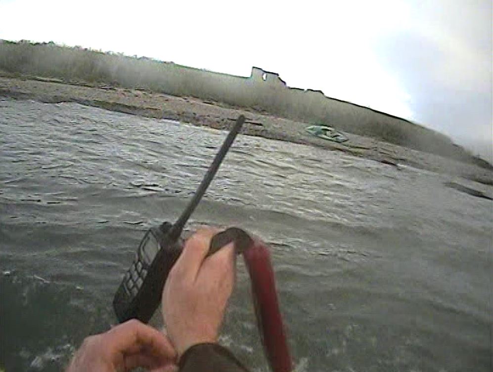 Skerries RNLI volunteer crew member making their way ashore at Shenick island