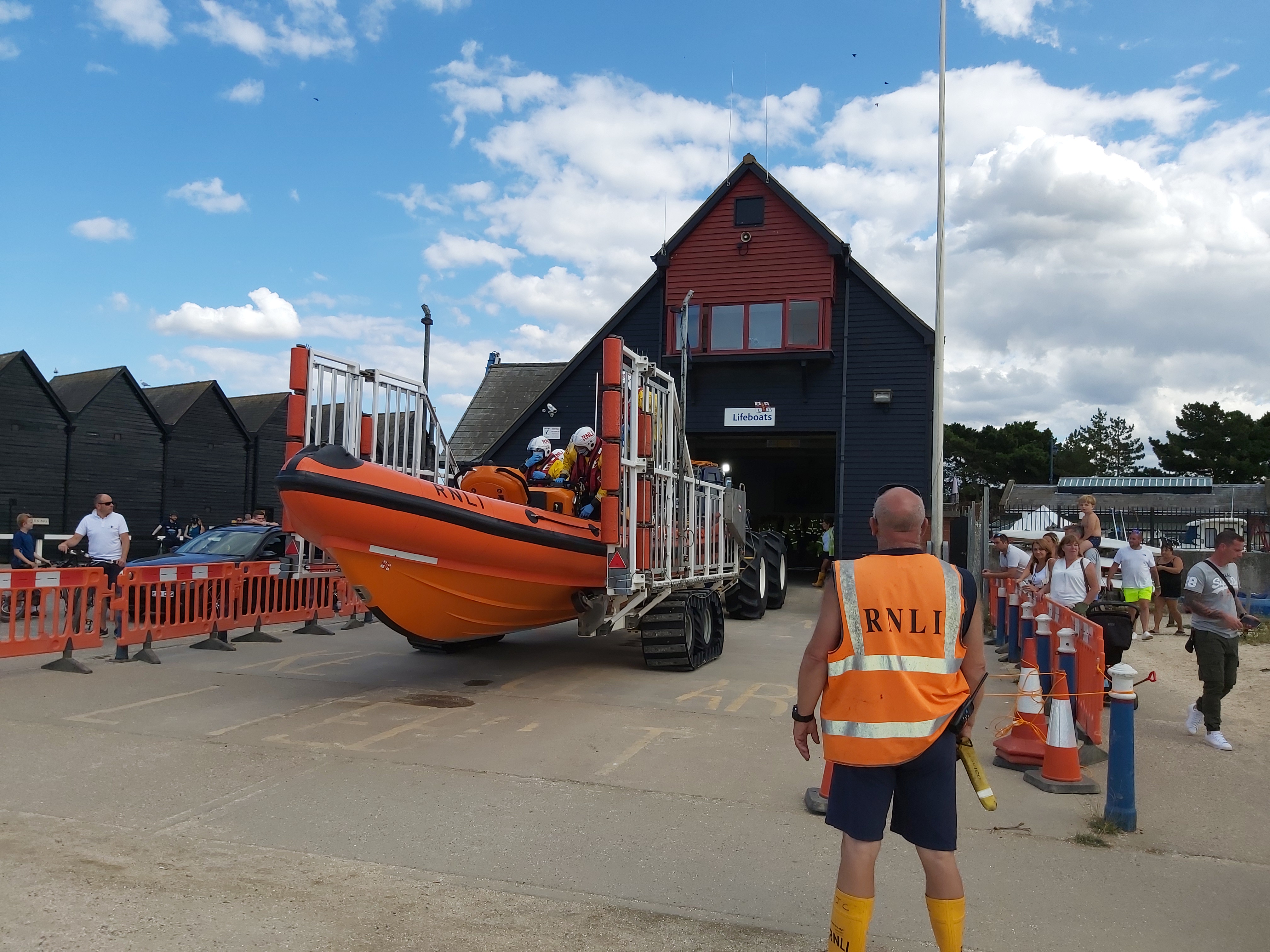 The launchers and crew prepare to launch the Whitstable RNLI lifeboat Lewisco to assist the three occupants of an inflatable at Herne Bay on Sunday. Picture: Chris Davey/RNLI Whitstable.