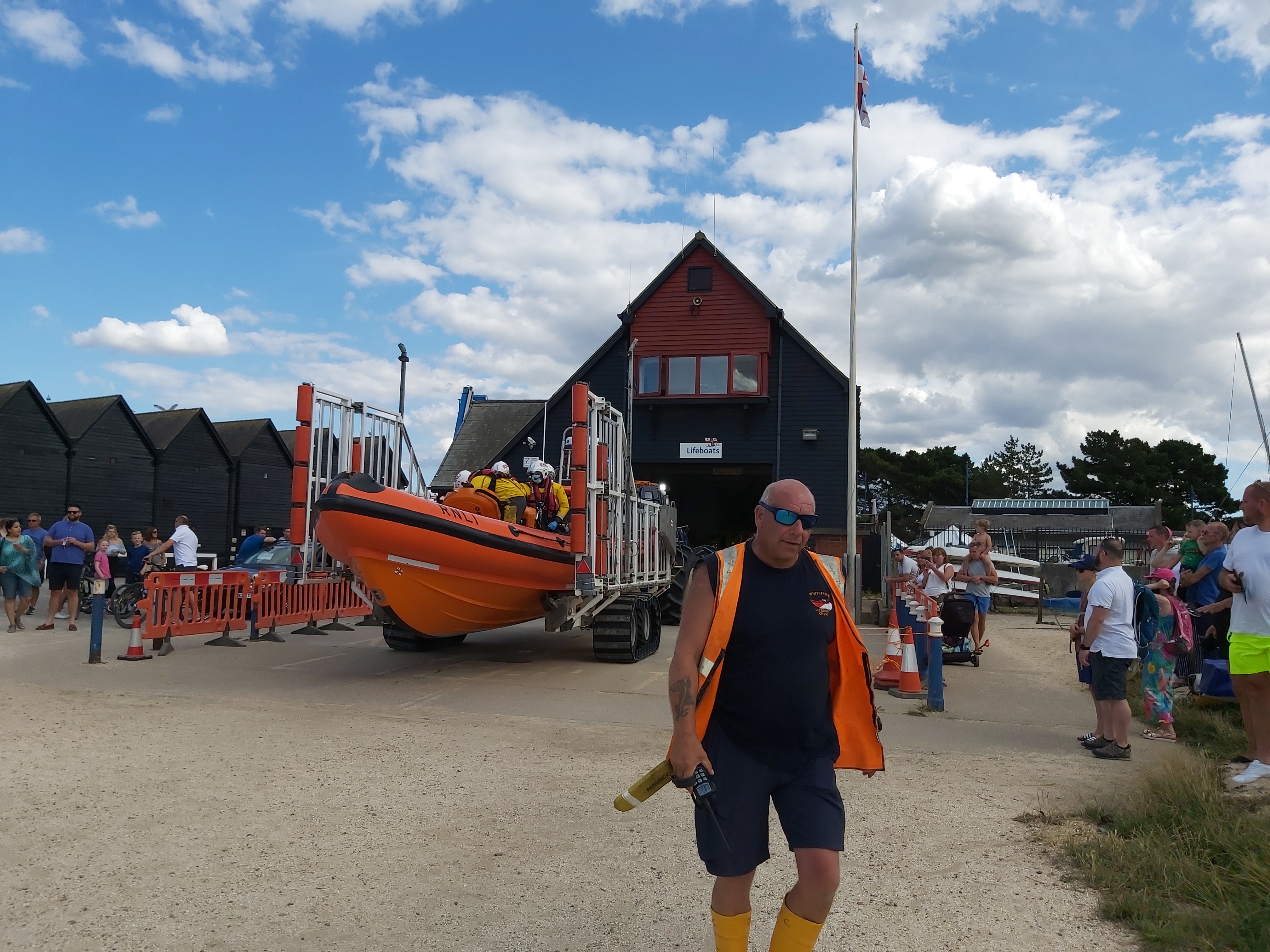 The launchers and crew prepare to launch the Whitstable RNLI lifeboat Lewisco to assist the three occupants of an inflatable at Herne Bay on Sunday. Picture: Chris Davey/RNLI Whitstable.