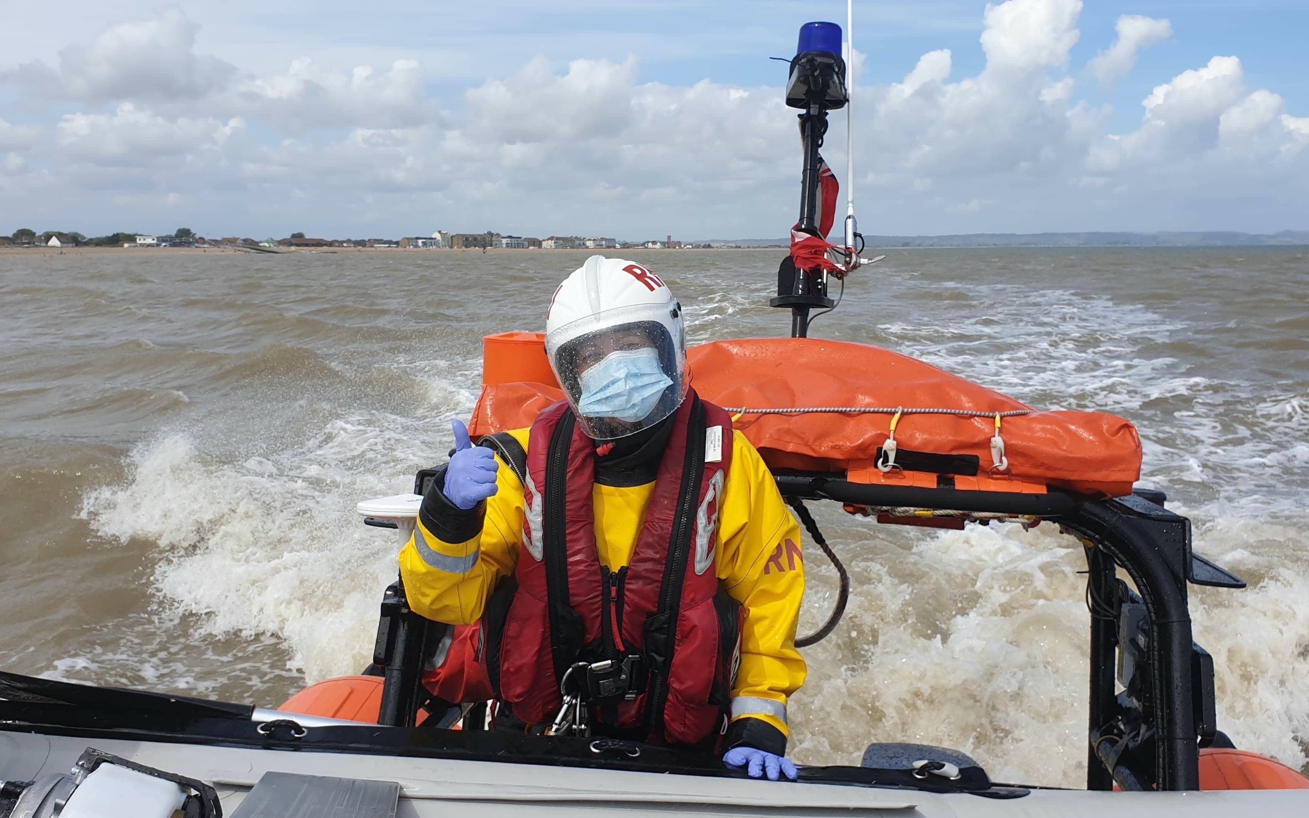 Photo of Littlestone crew member Sarah Munnings on her first shout with the lifeboat.