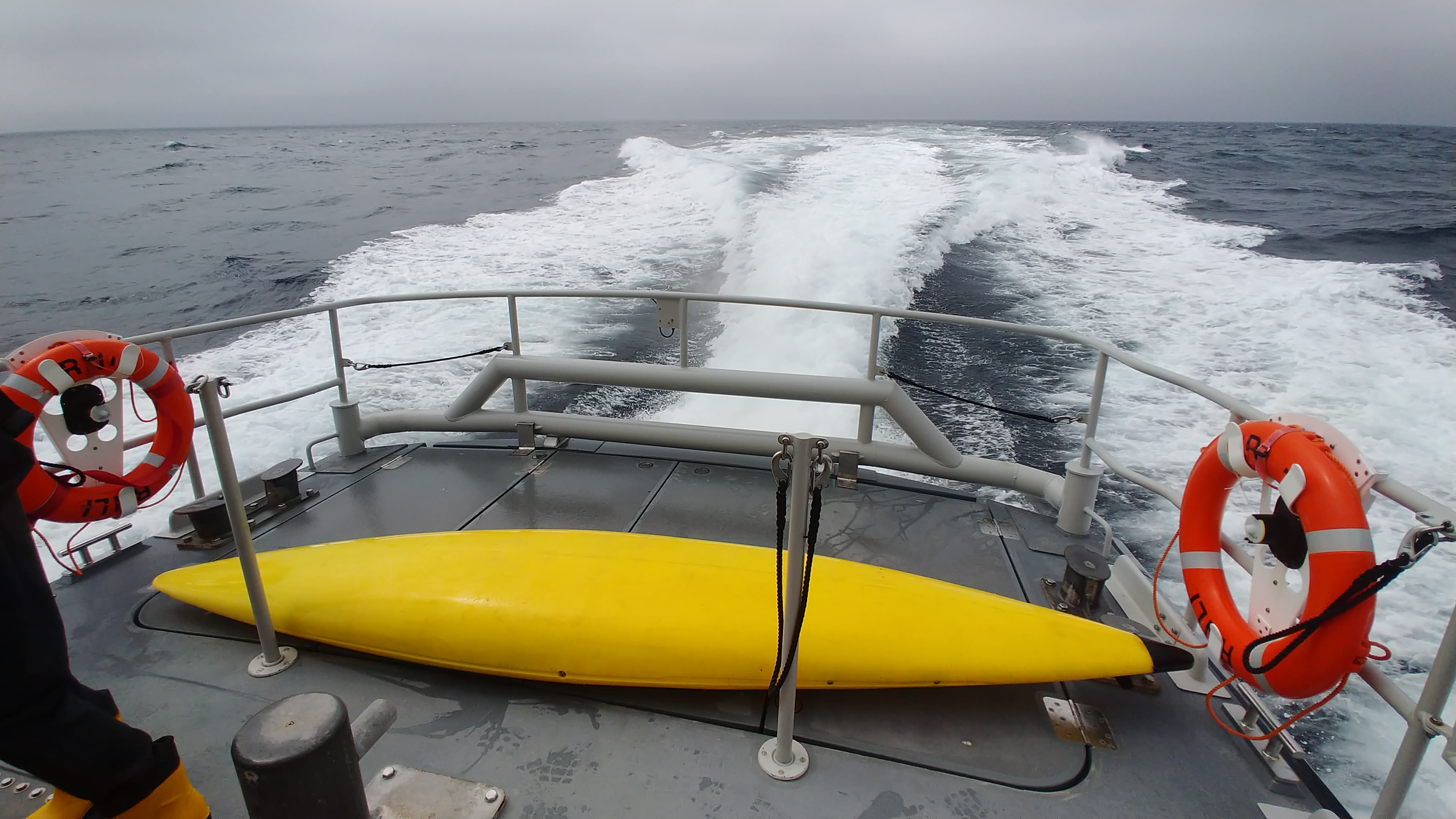 Sennen Cove All weather lifeboat with casualty's kayak on the afterdeck