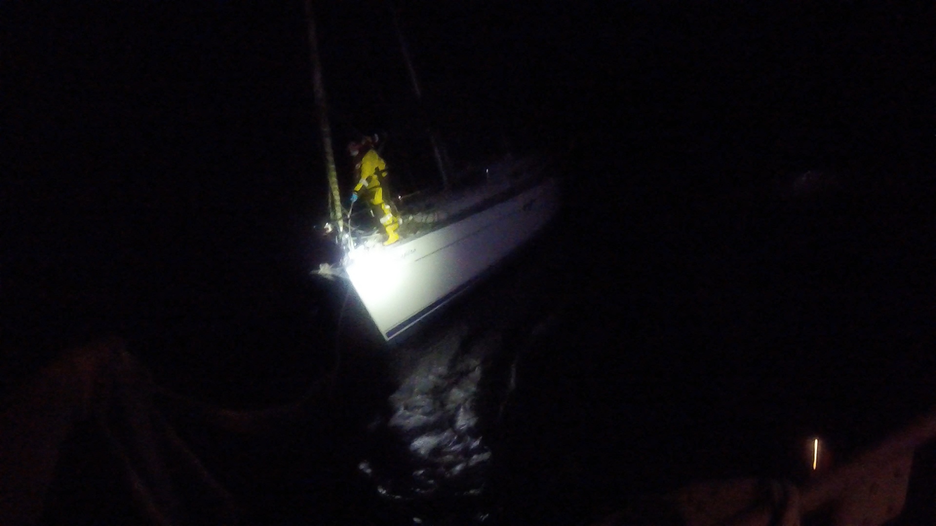 A crewmember from Troon all-weather lifeboat aboard the casualty vessel to set up a tow