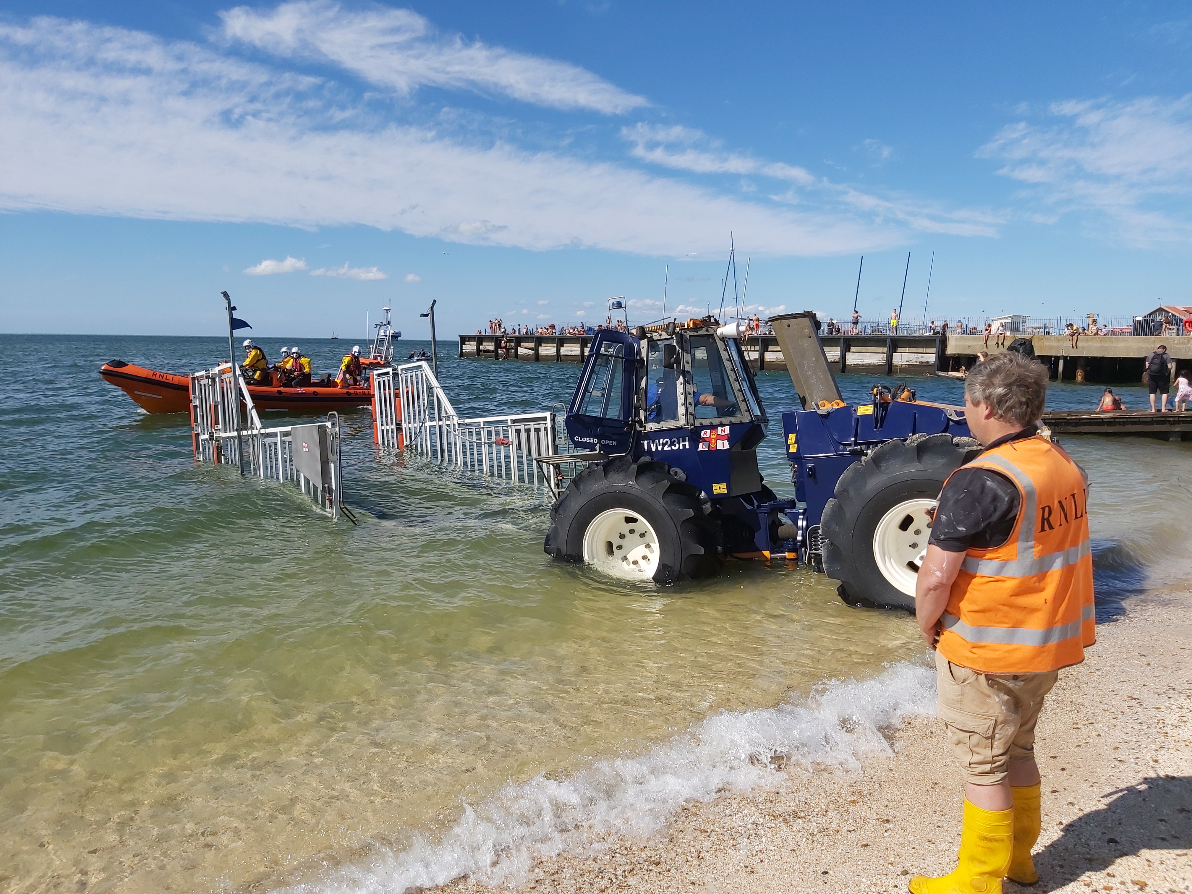 The Whitstable Atlantic 85 lifeboat is recovered after launching to a report of two occupants on a paddleboard in difficulty off Seasalter on Thursday afternoon.
